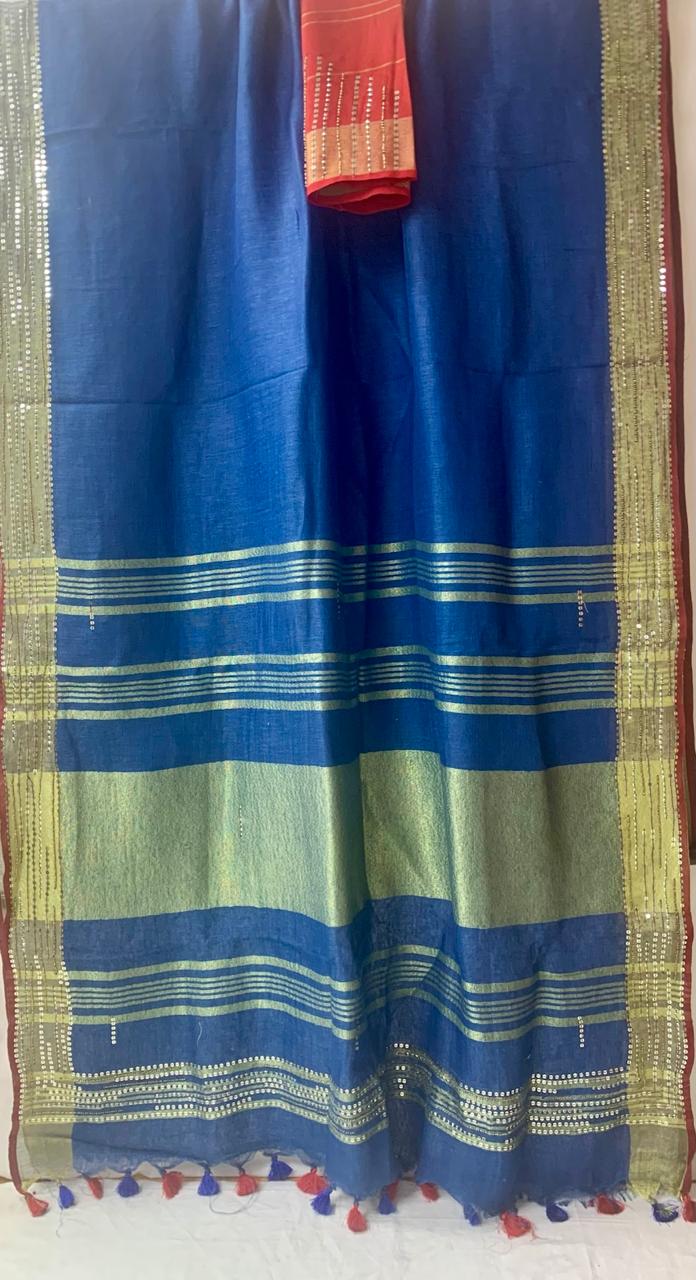 Blue Pure Linen Embroidery Saree