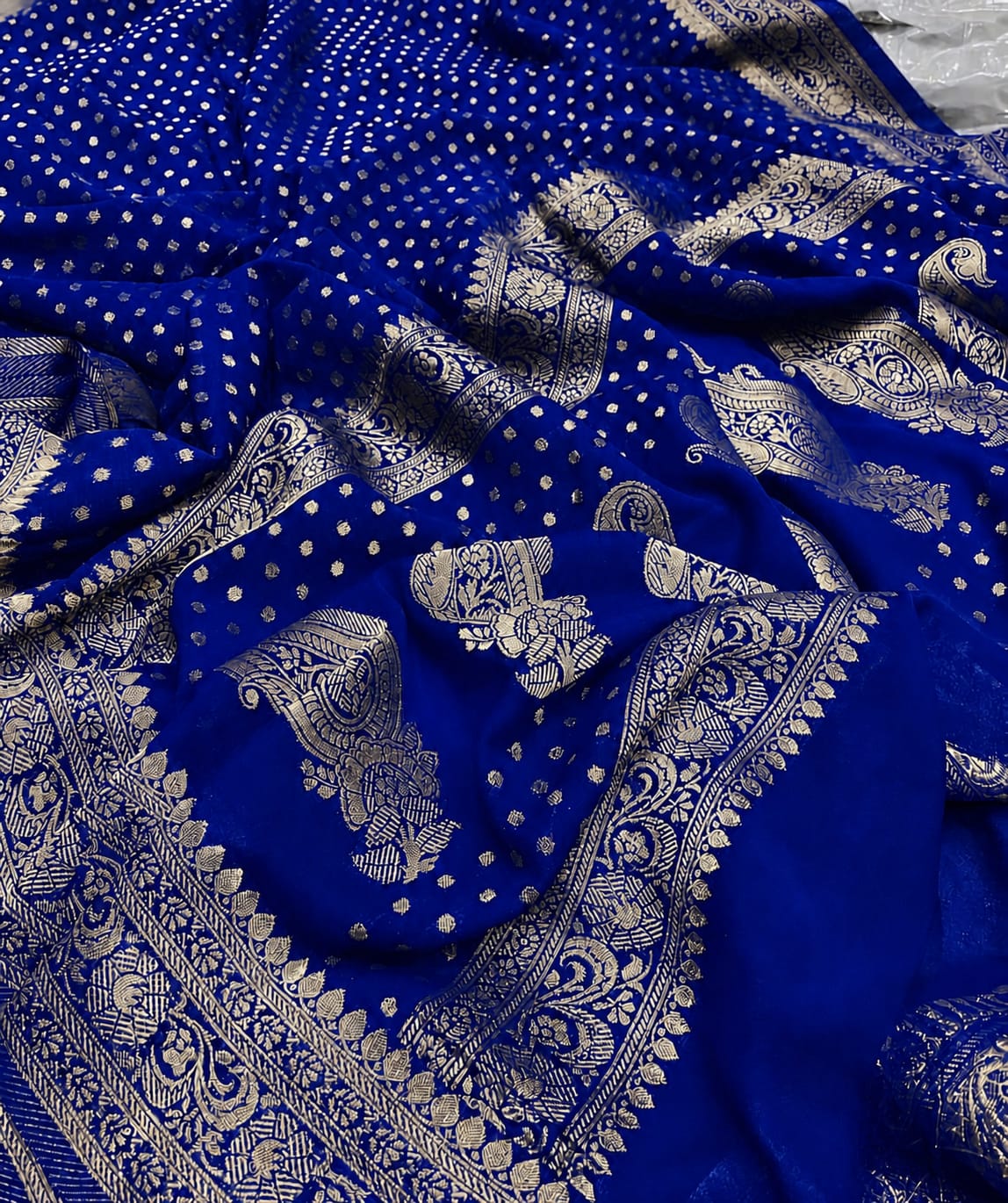 Blue Banarasee Semi Georgette Small Booti Work Saree