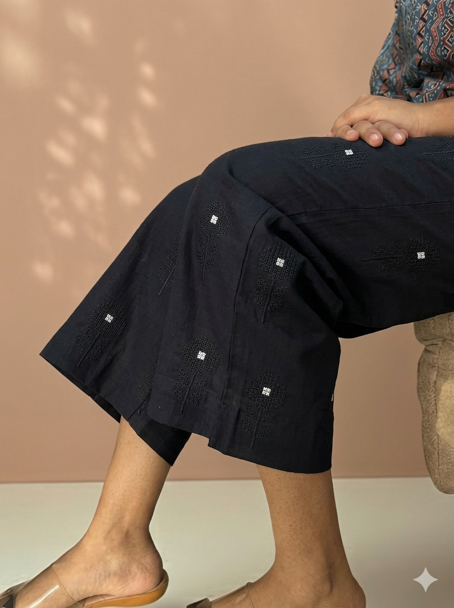 Charul Black Flower Embroidery Straight Pant In Cotton For Women