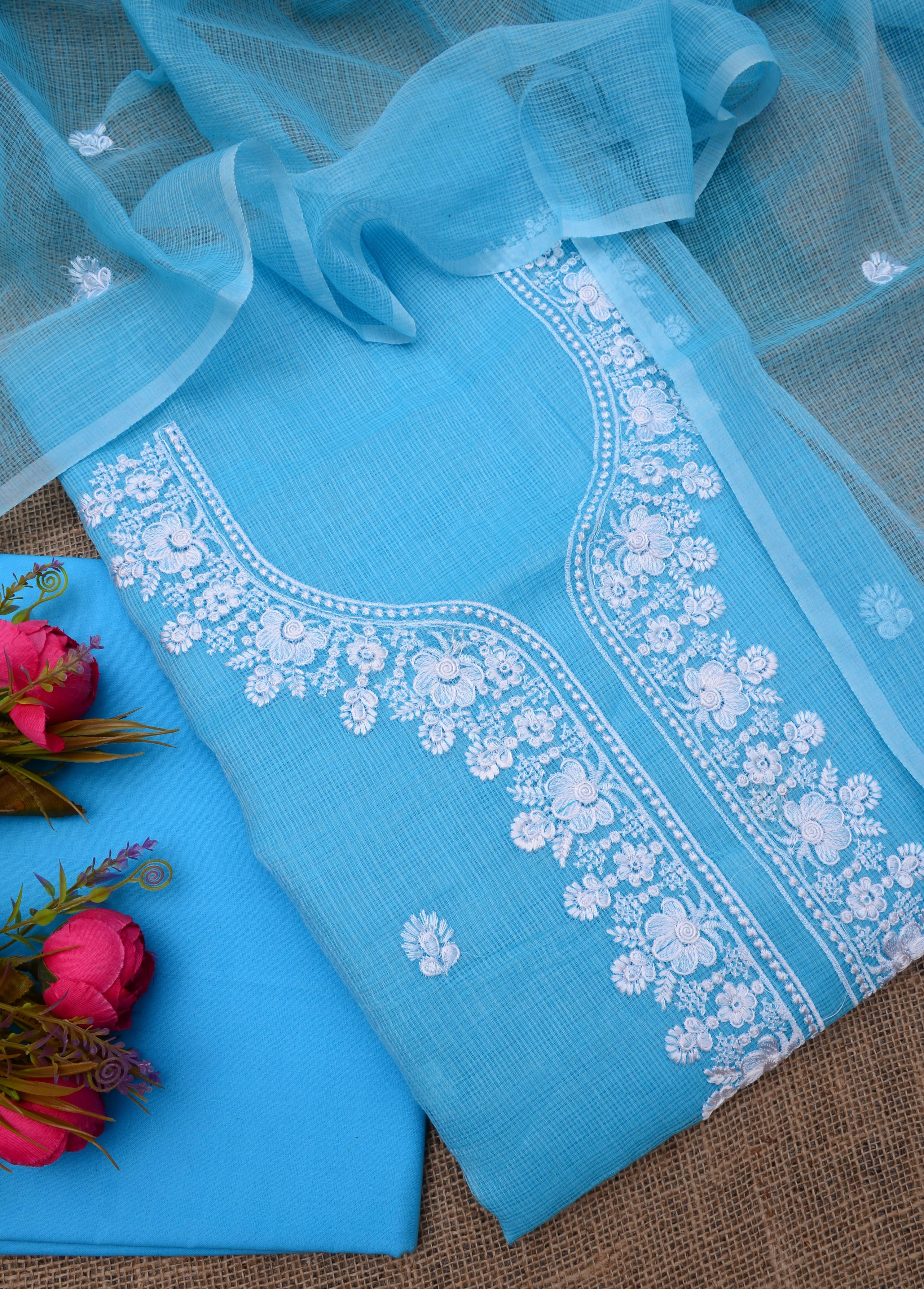 Blue Embroided Work Kota Doria Suit Fabric With Dupatta