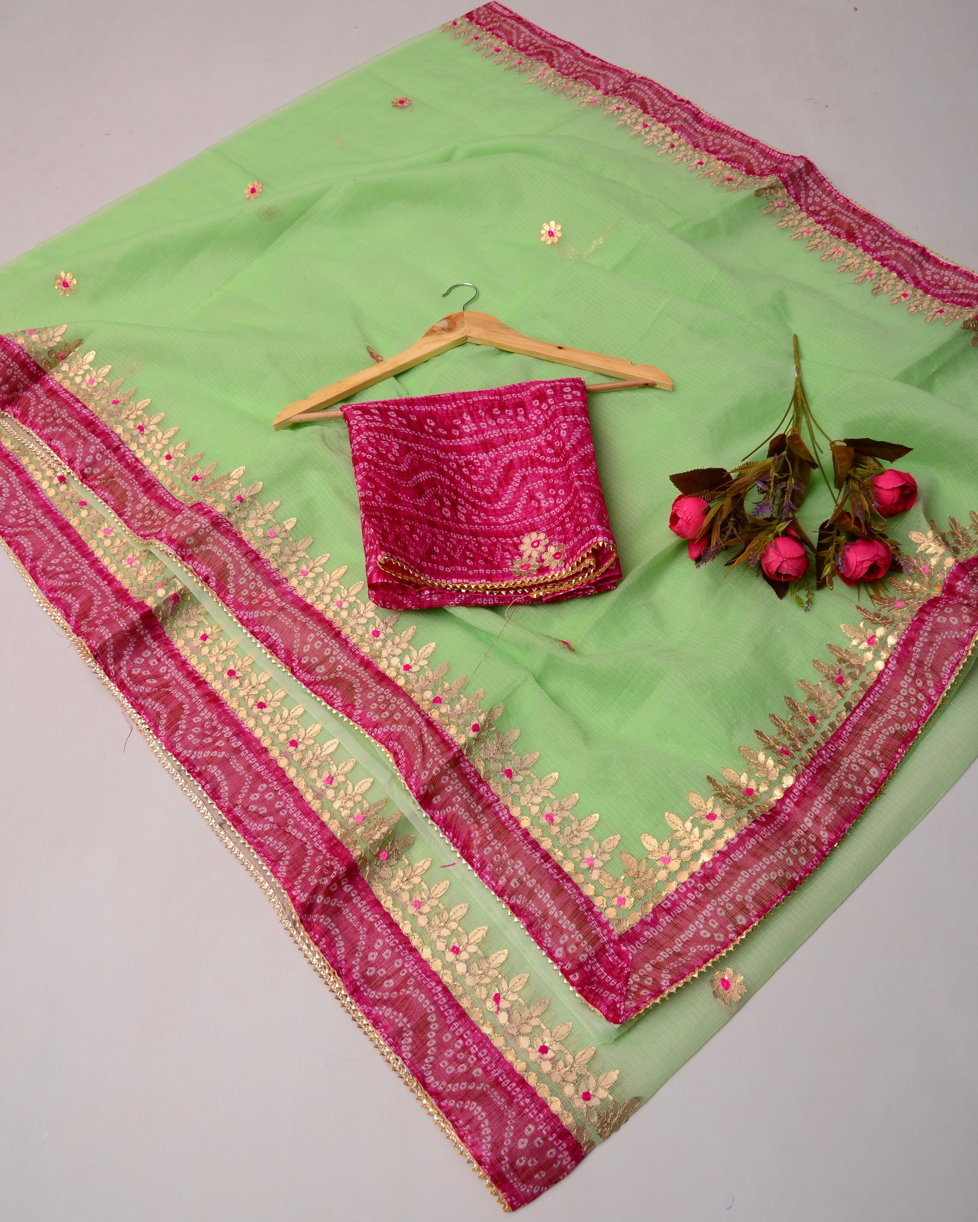 Pista Green Kota Doria Gota Patti Saree