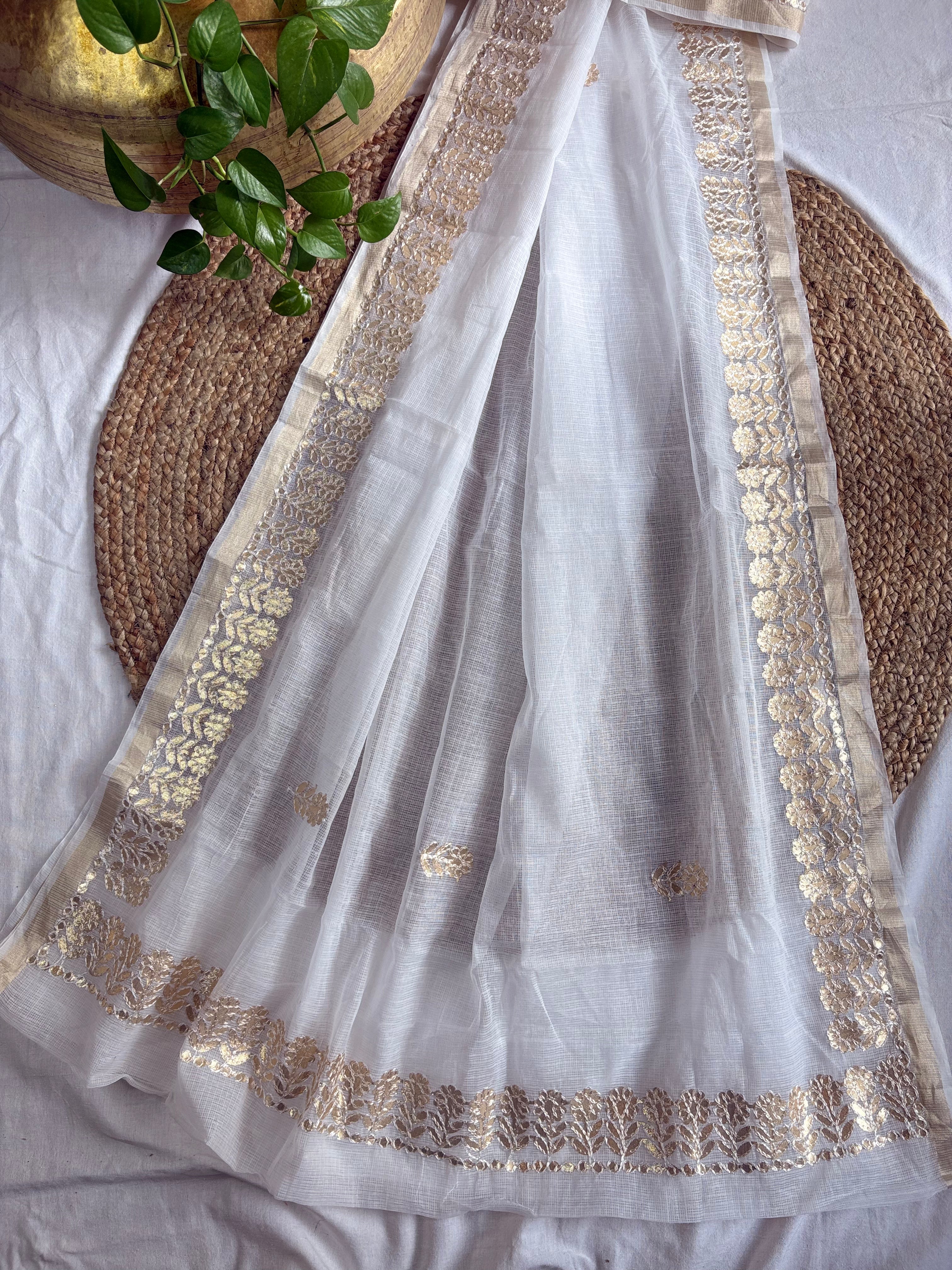 White Kota Doria Gota Patti Saree