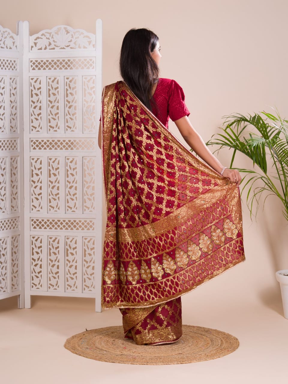 Maroon Ghatchola Banarasee Silk Hand Mirror Work Saree