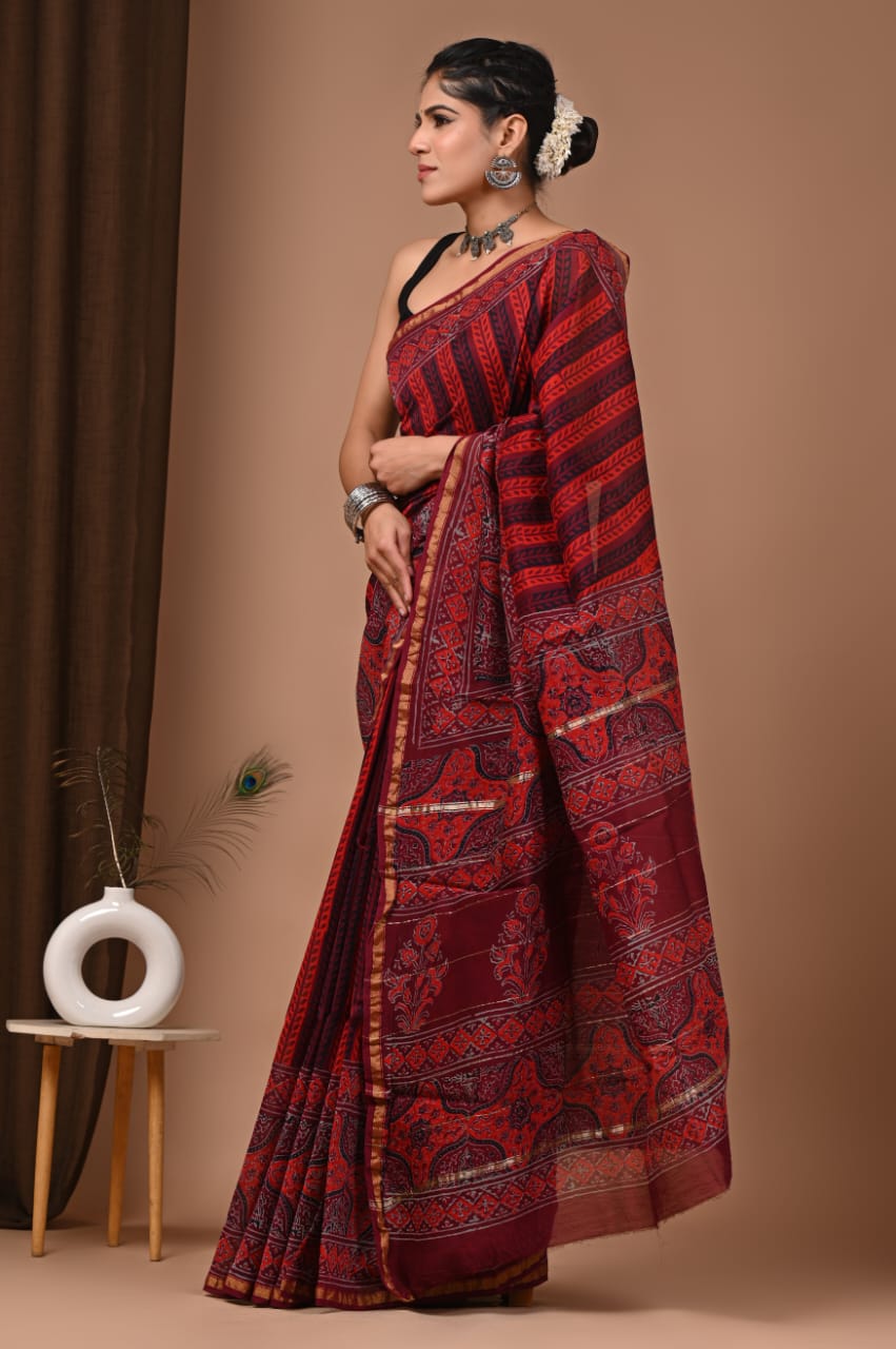 Maroon Chanderi Hand Block Printed  Saree