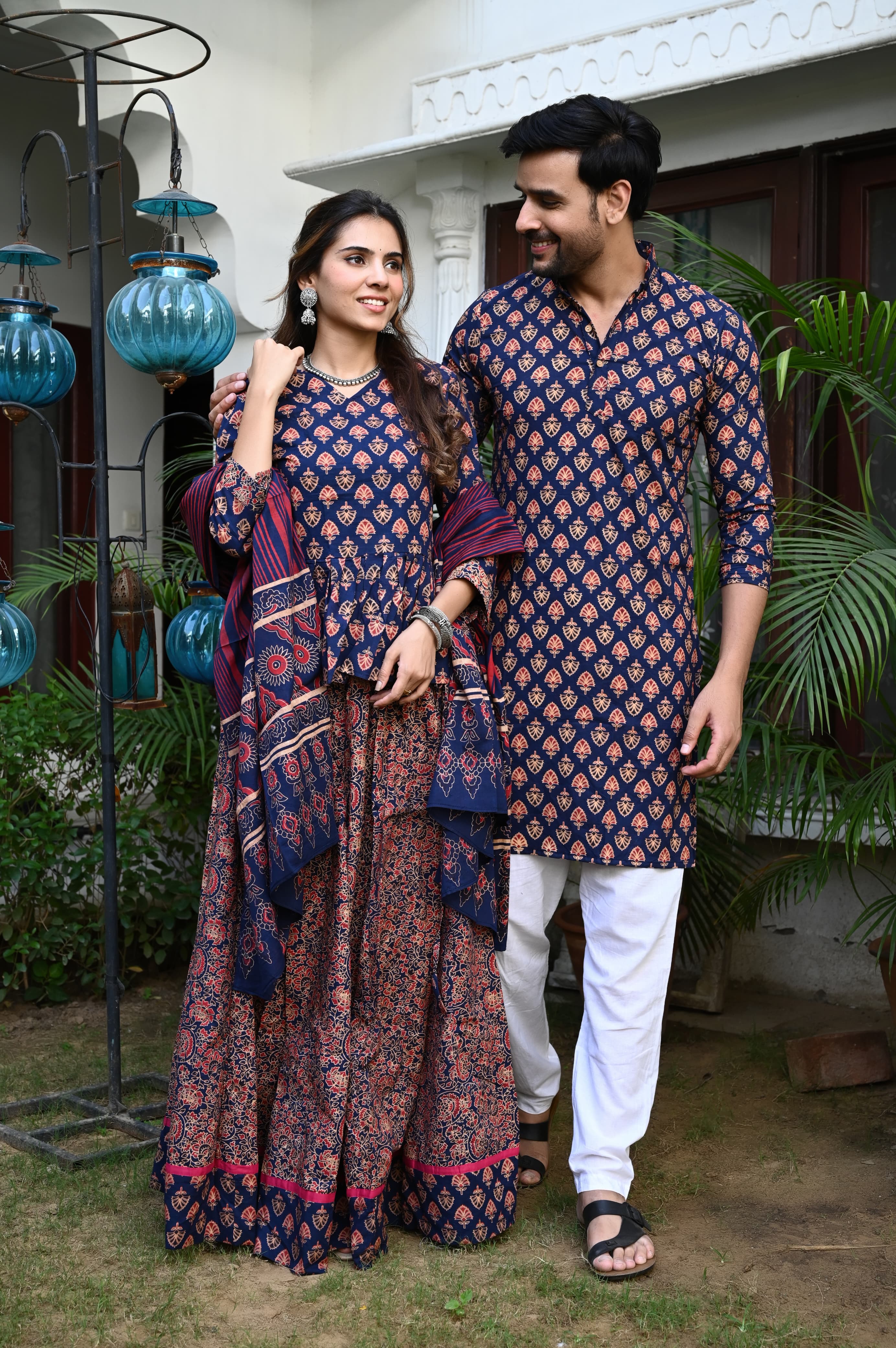 Jamuni colour Pure Cotton Twinning Couple Set In Block Print