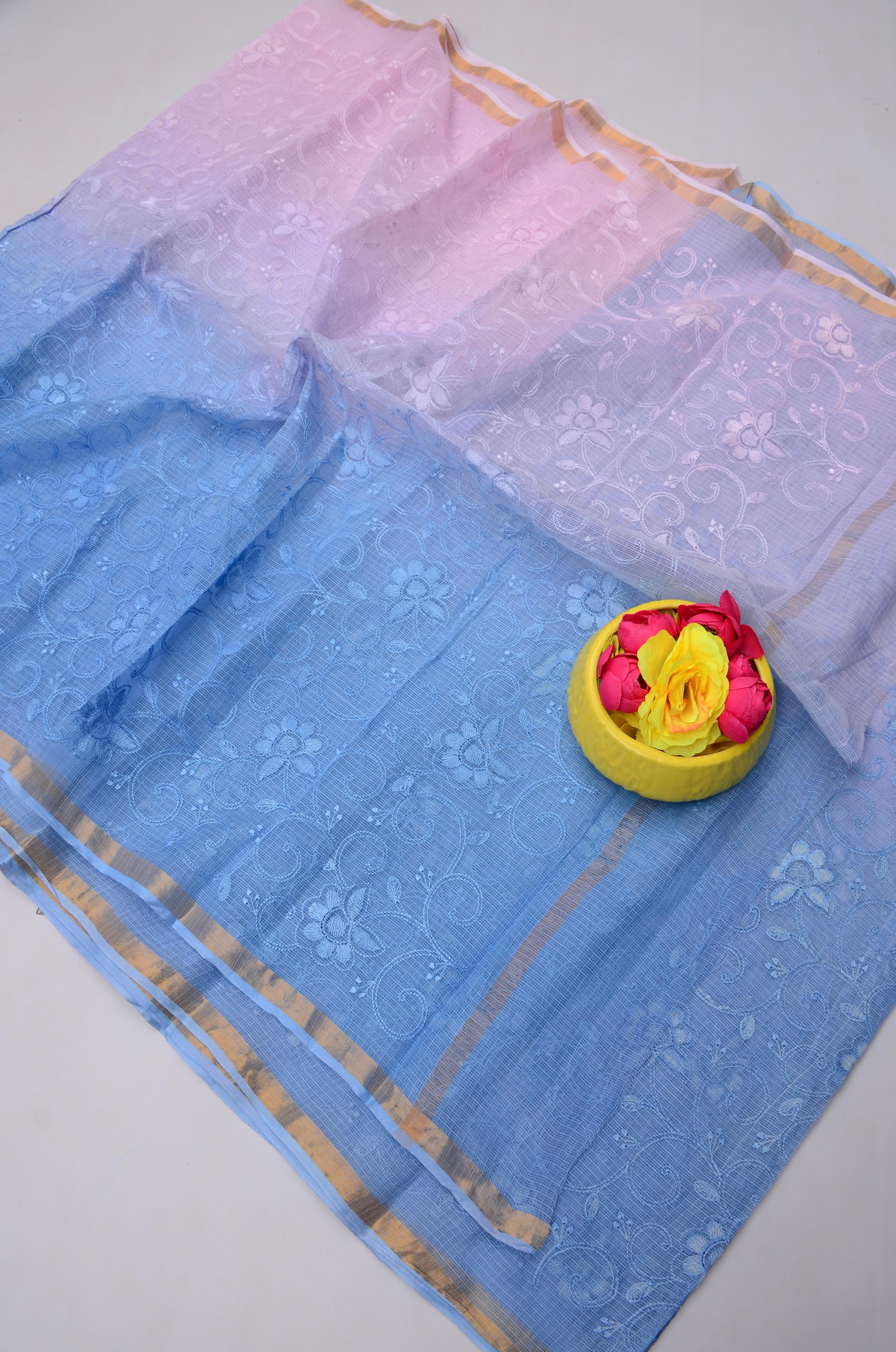 Blue & Baby Pink Kota Doria Embroidery Work Saree