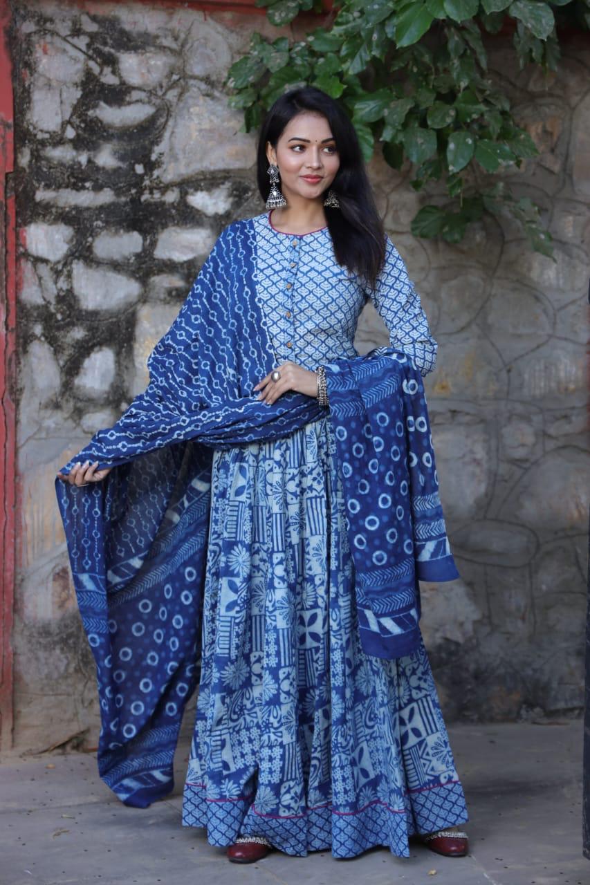 Blue Colour Bagru Print Flora lehenga choli Set