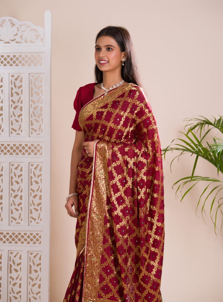 Maroon Ghatchola Banarasee Silk Hand Mirror Work Saree