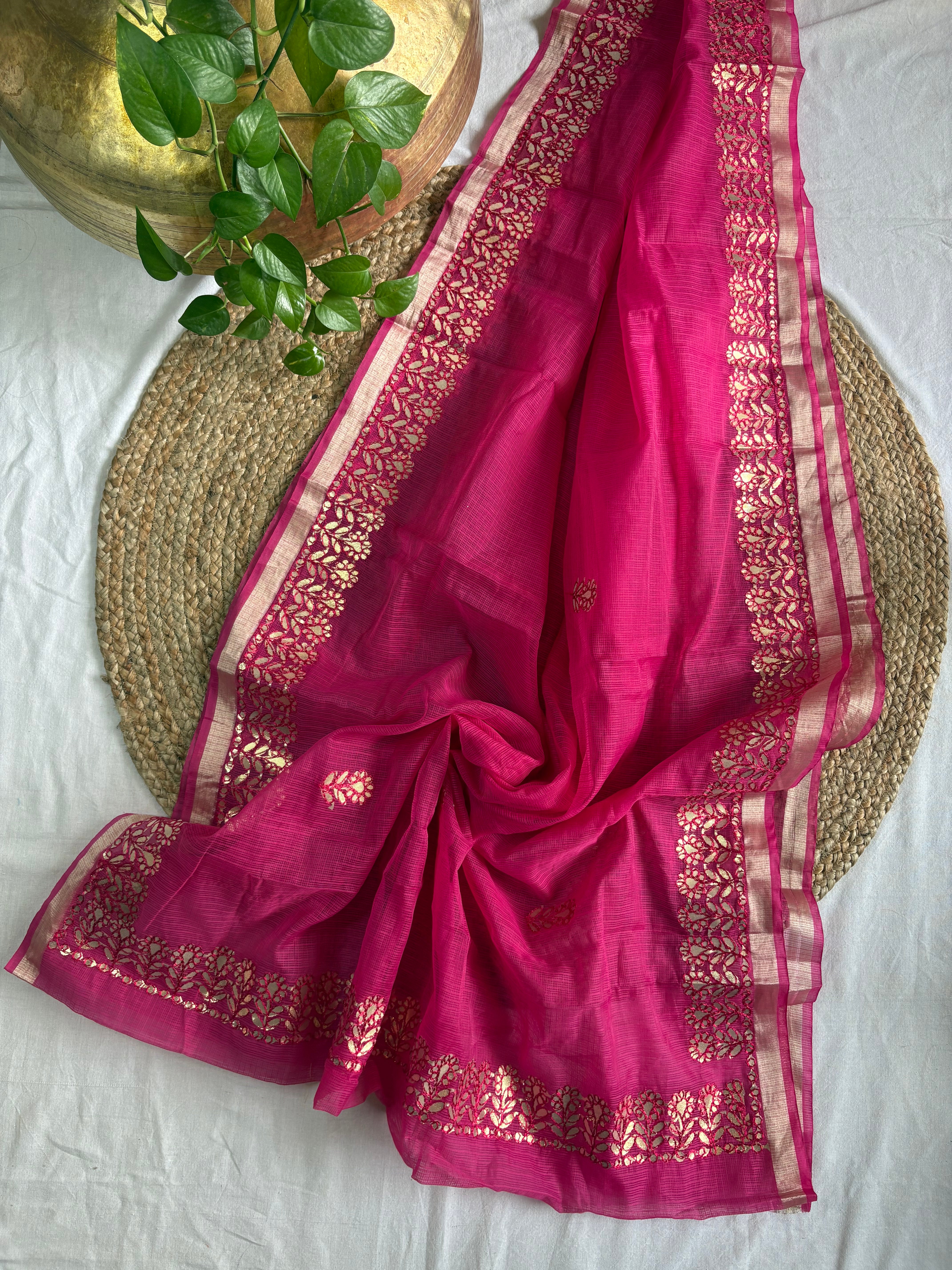 Rani Pink Kota Doria Gota Patti Saree
