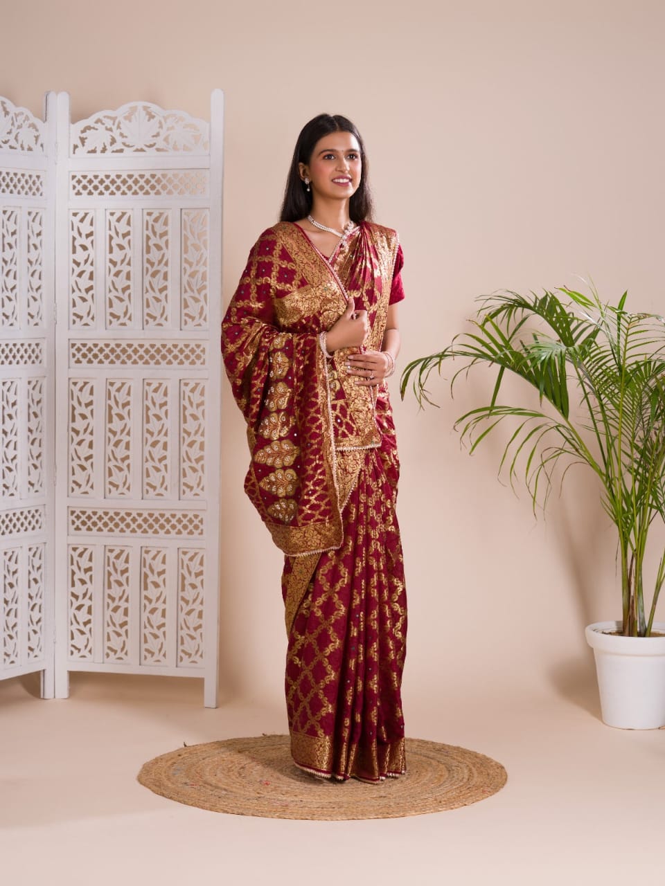 Maroon Ghatchola Banarasee Silk Hand Mirror Work Saree