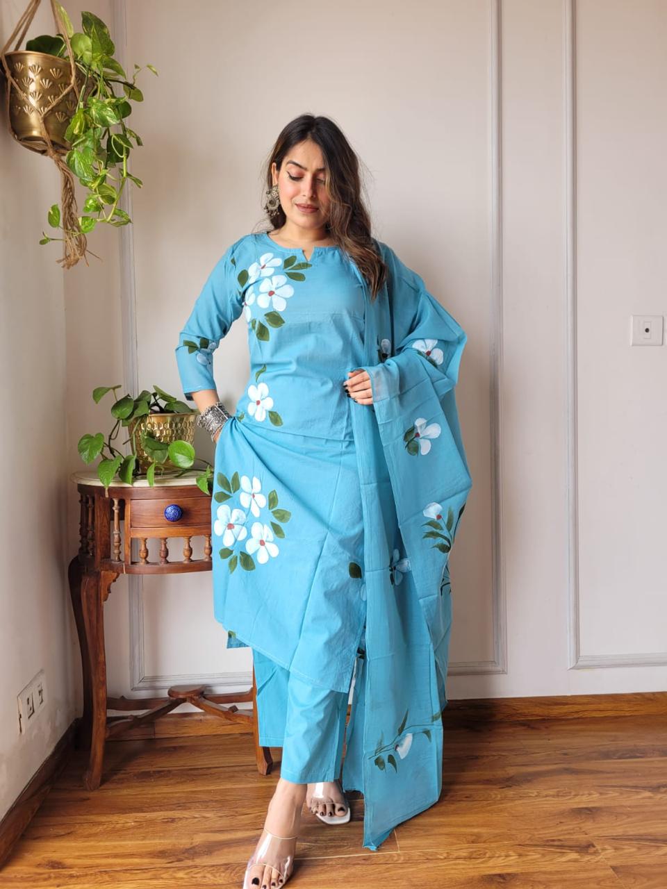 Blue Block Print Suit Set With Dupatta