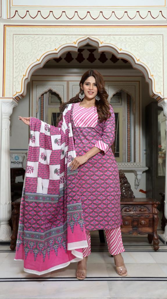 Pink Block Print Suit Set With Dupatta