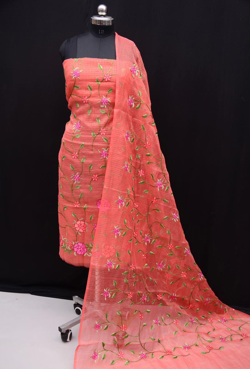 Kota Doria Embroidered Suit Set In Peach ch (unstitched)