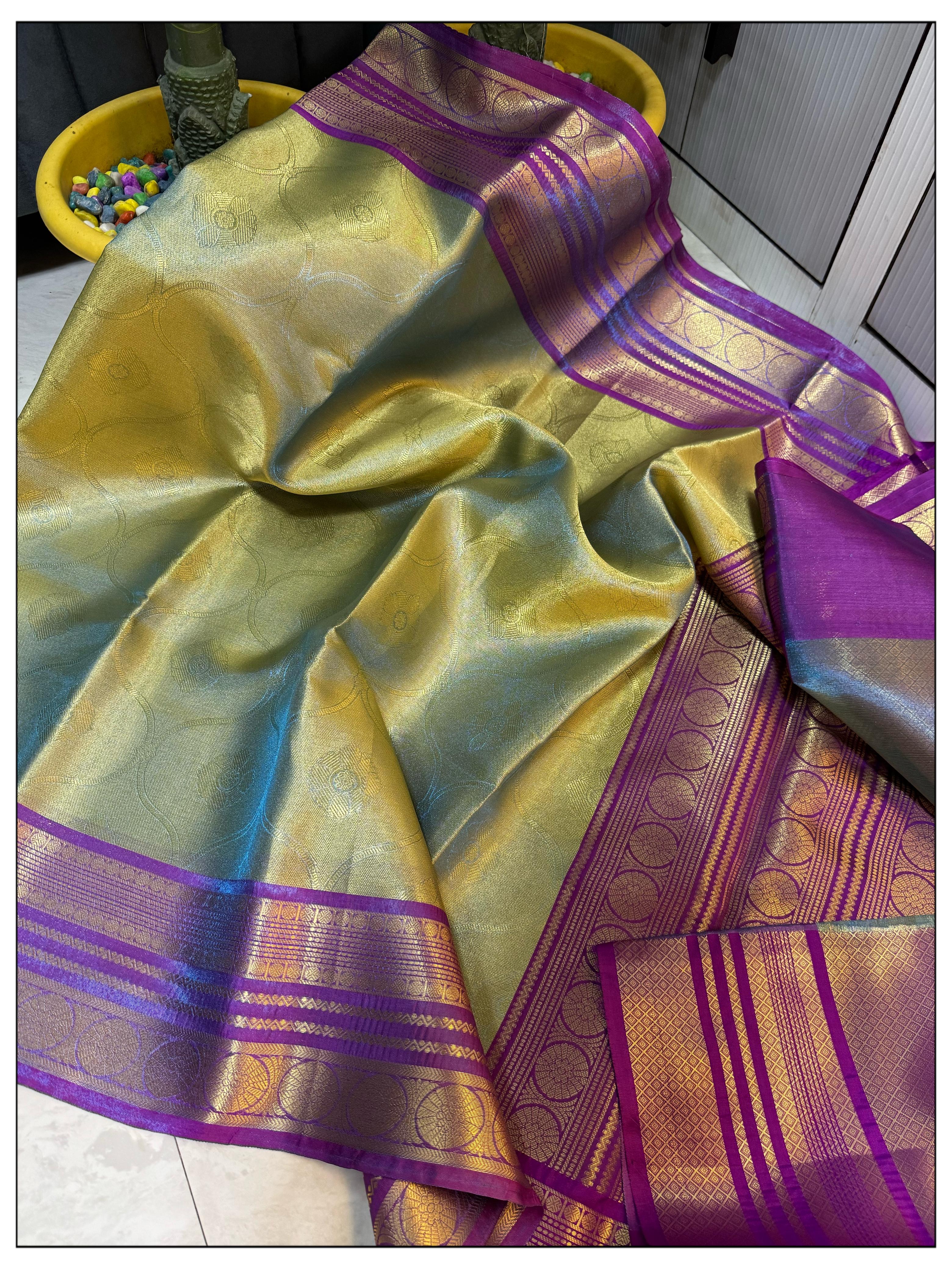 Golden With Pink Banarasi Soft Tissue Saree