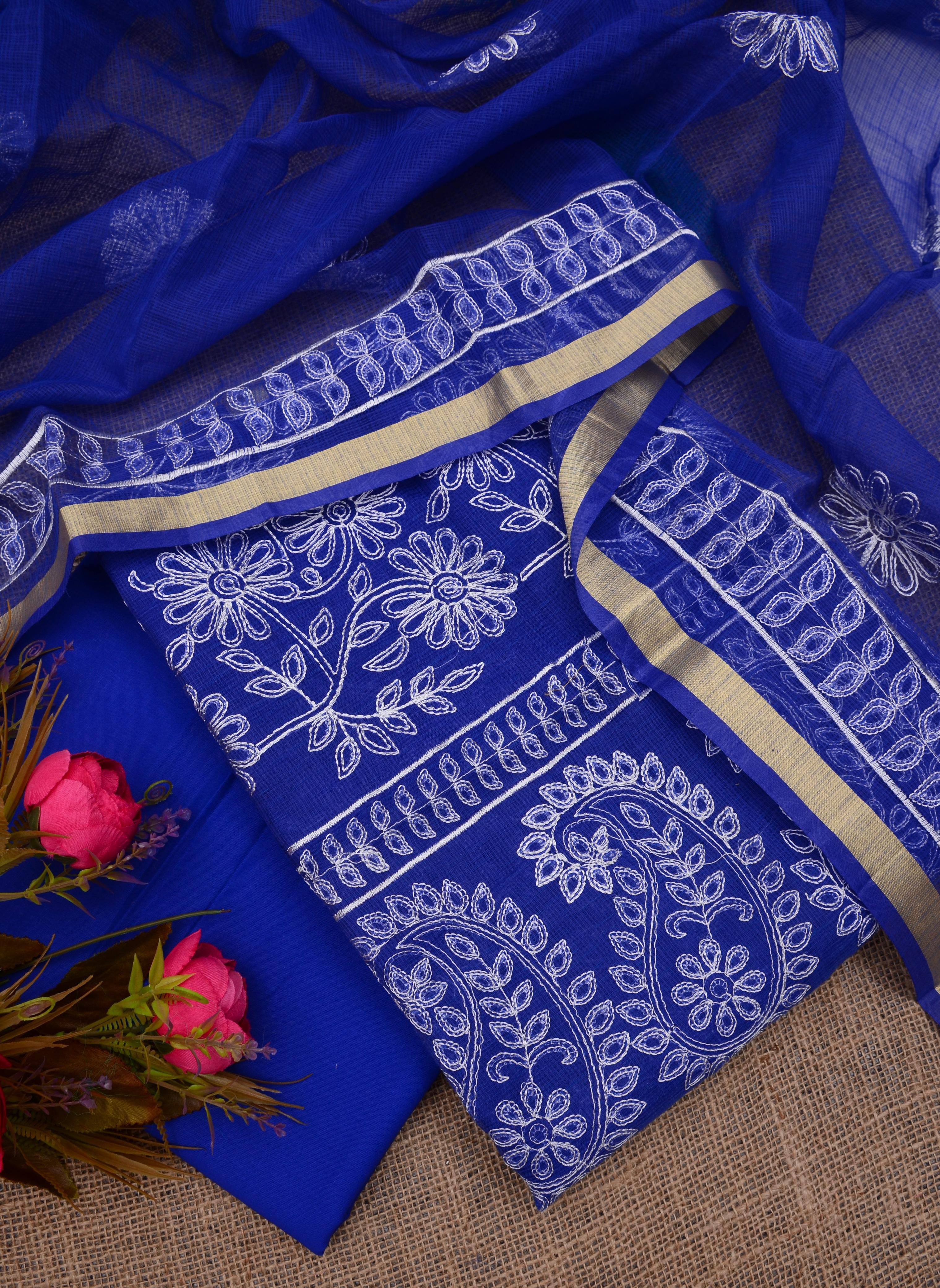 Blue Embroided Kota Doria Suit Cotton Fabric With Dupatta