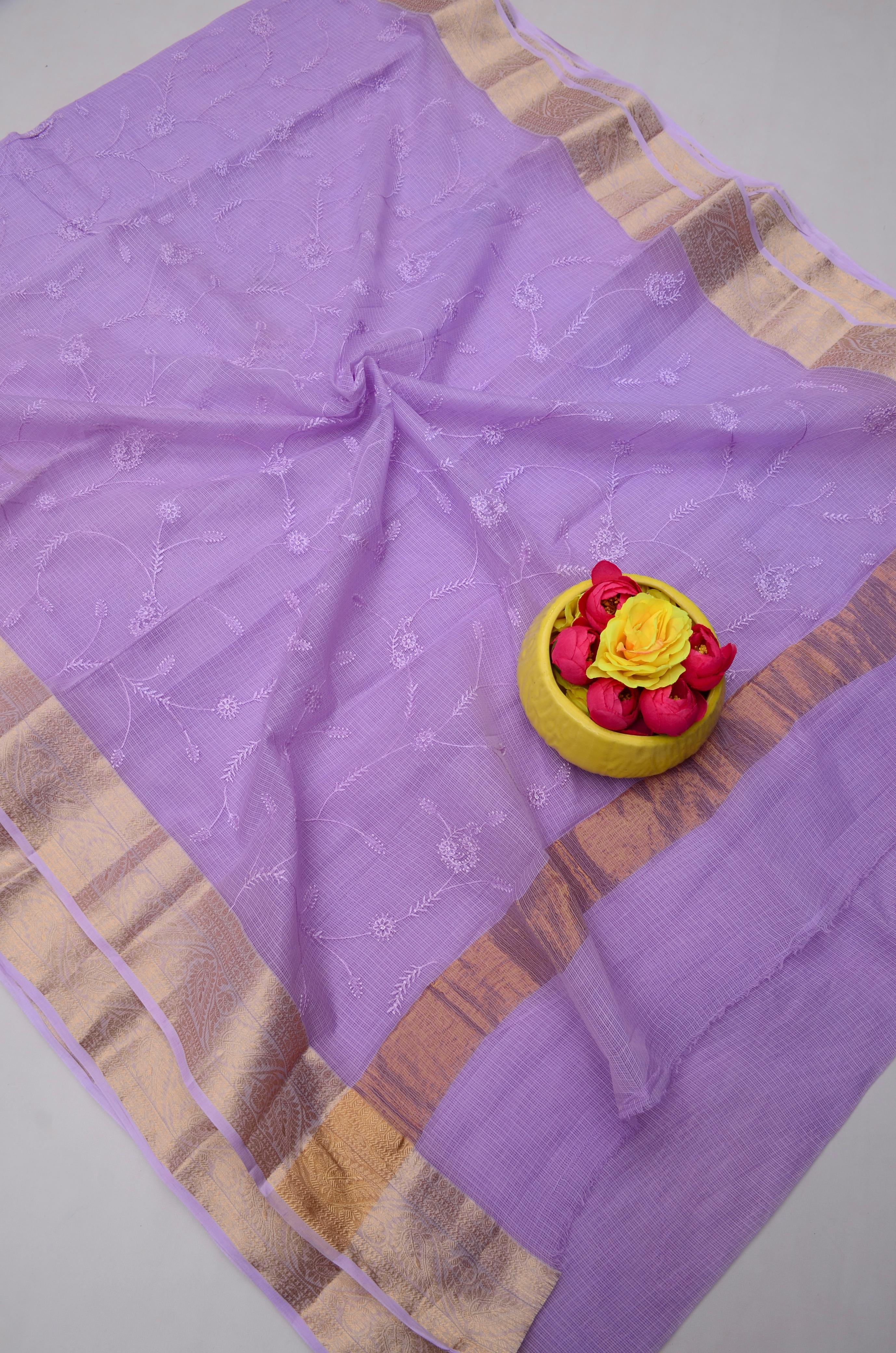 Light purple Kota Doria All Over Embroidery Work Saree