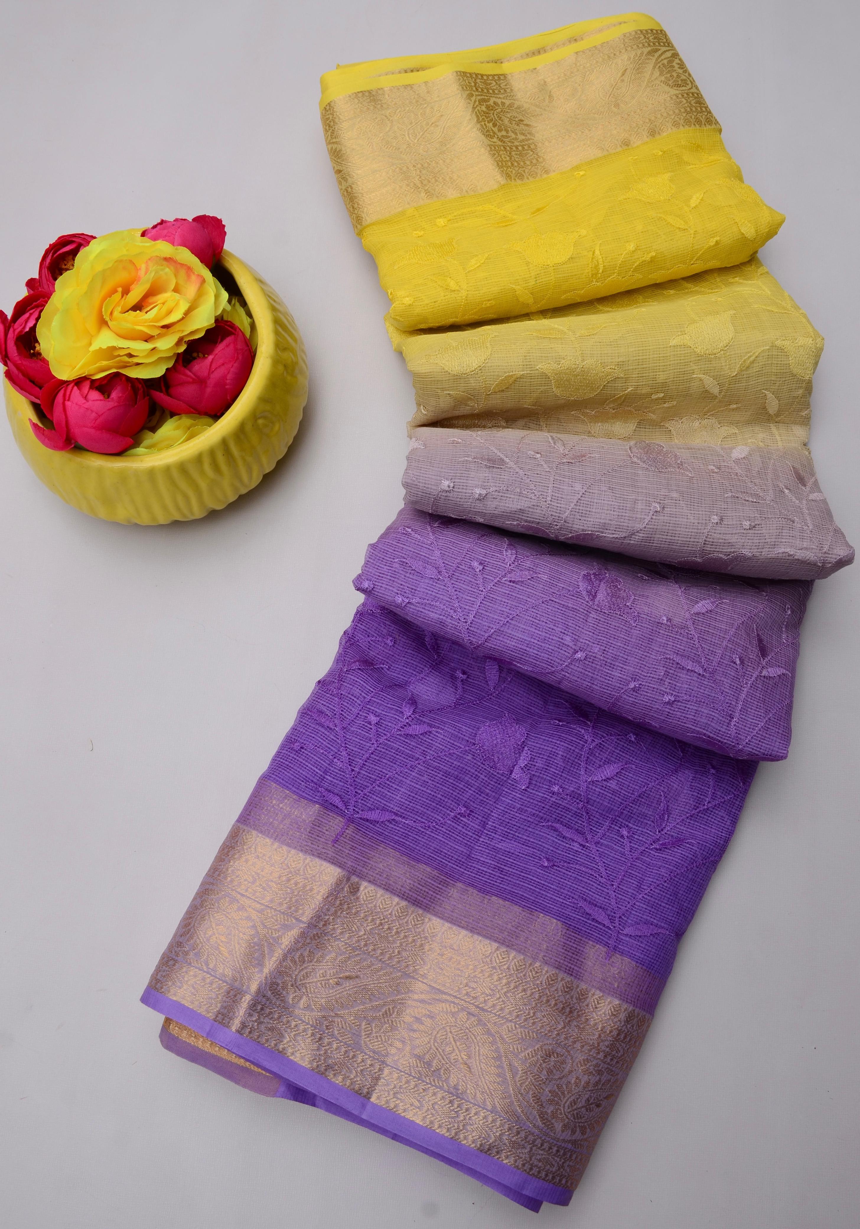 Yellow And Purple Kota Doria All Over Embroidery Work Saree