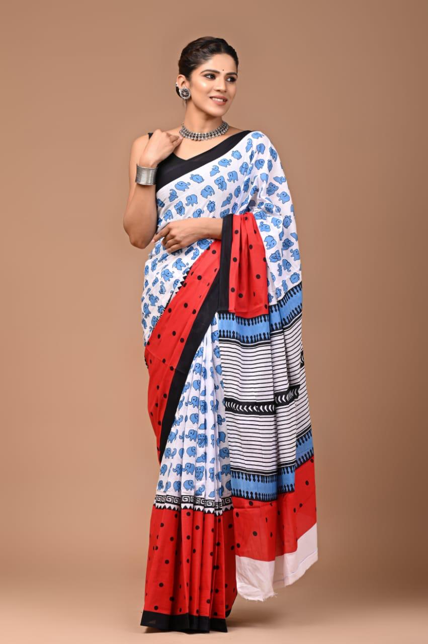 Red White Blue Fun Hand Block Print MulMul Cotton Saree