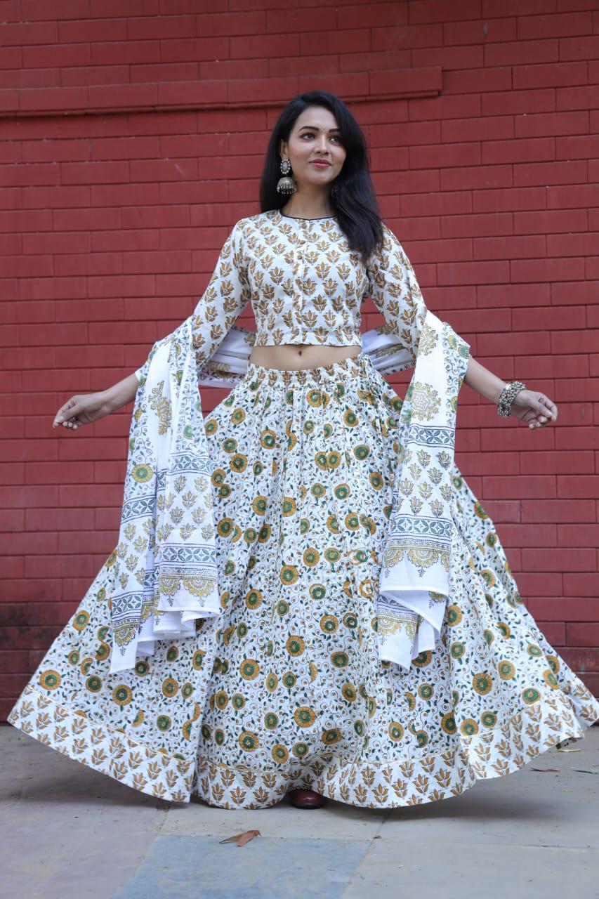 Off white Colour Bagru Print Flora lehenga choli Set