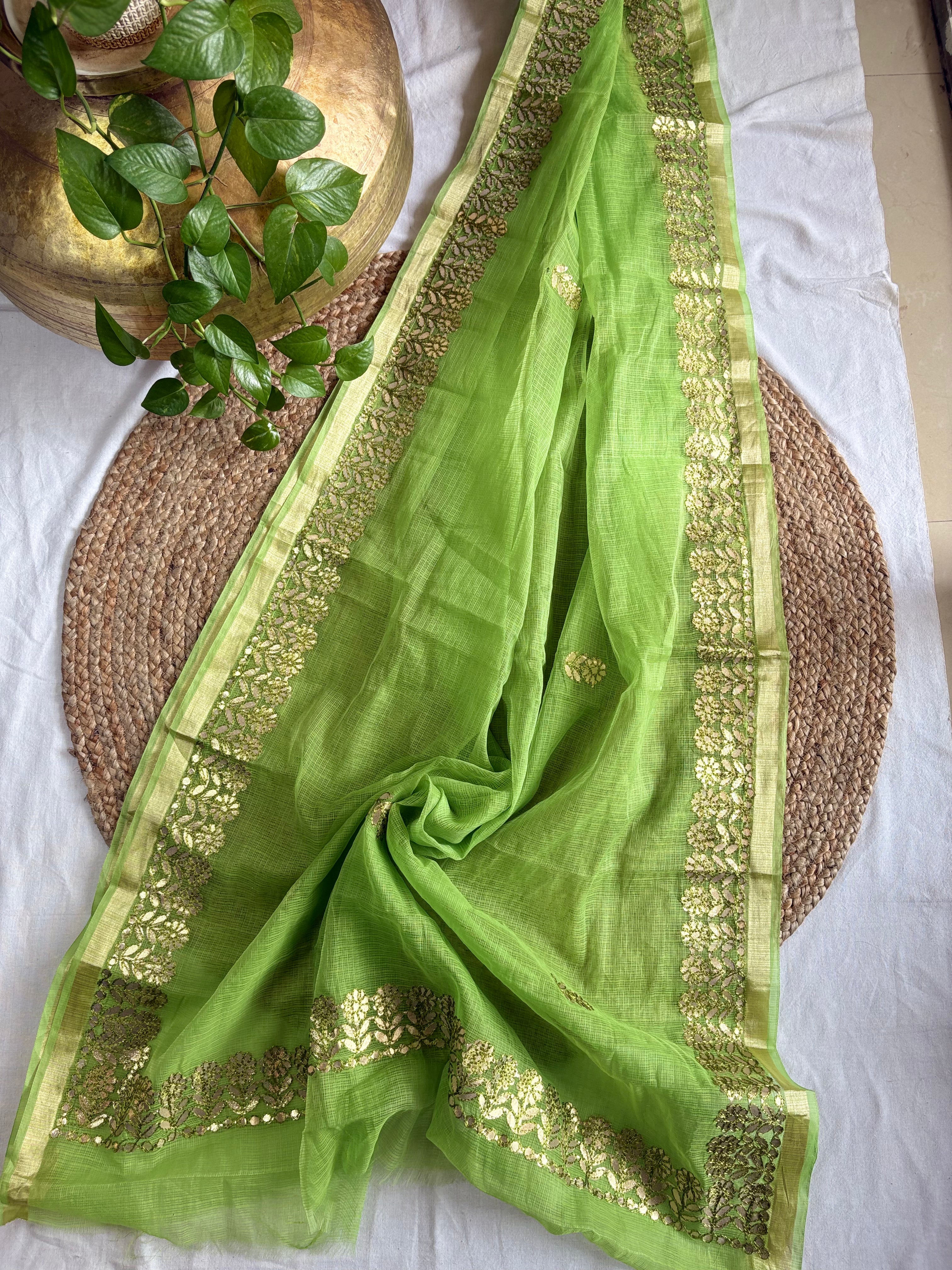 Green Kota Doria Gota Patti Saree