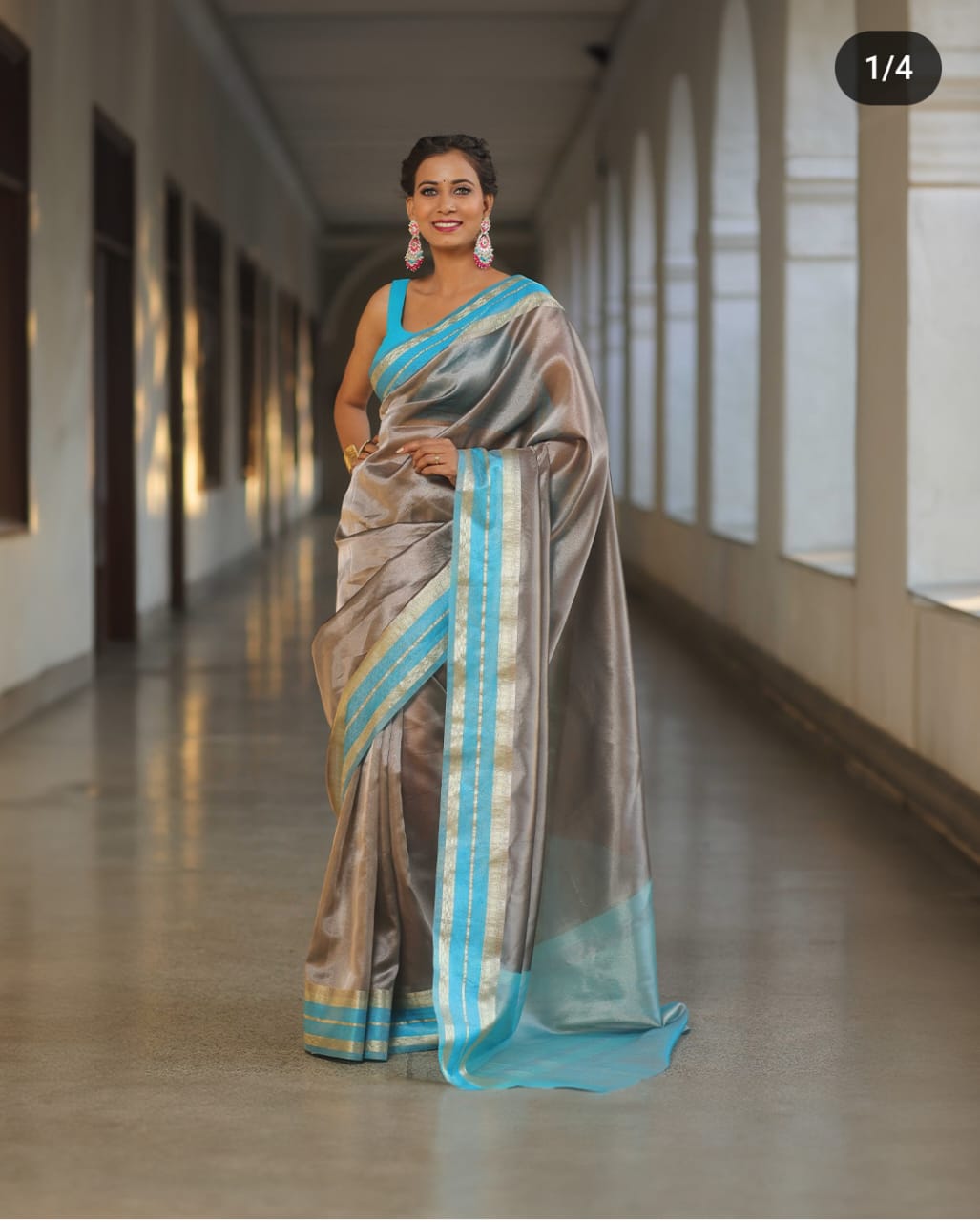 Blue Shimmer Banarasi Handloom Tissue Zari Border Silk Saree