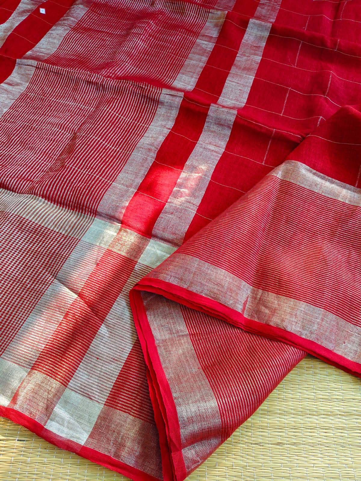 Harika Red Pure Linen Saree