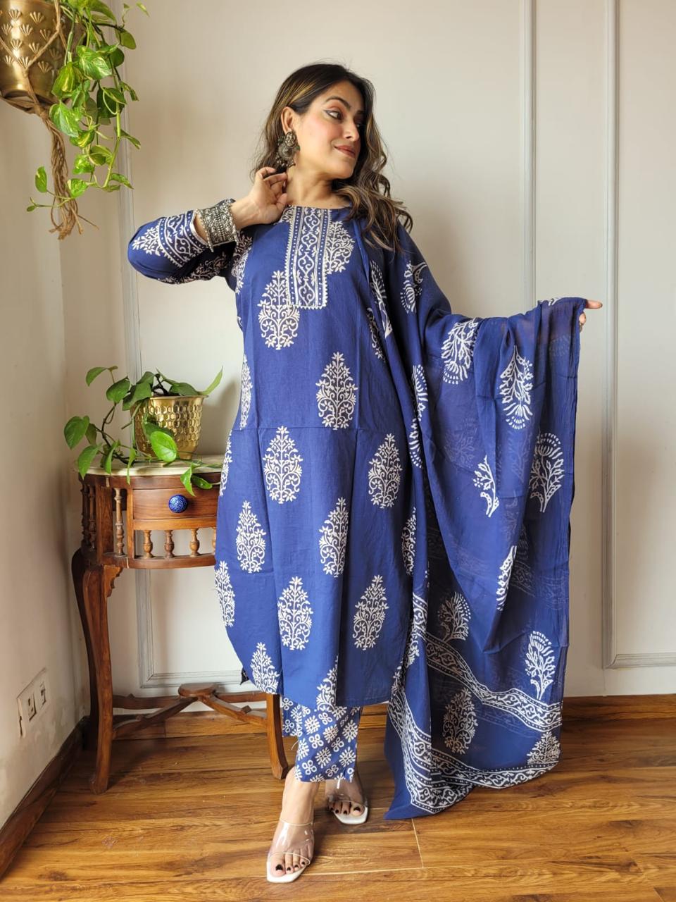 Blue Block Print Suit Set With Dupatta