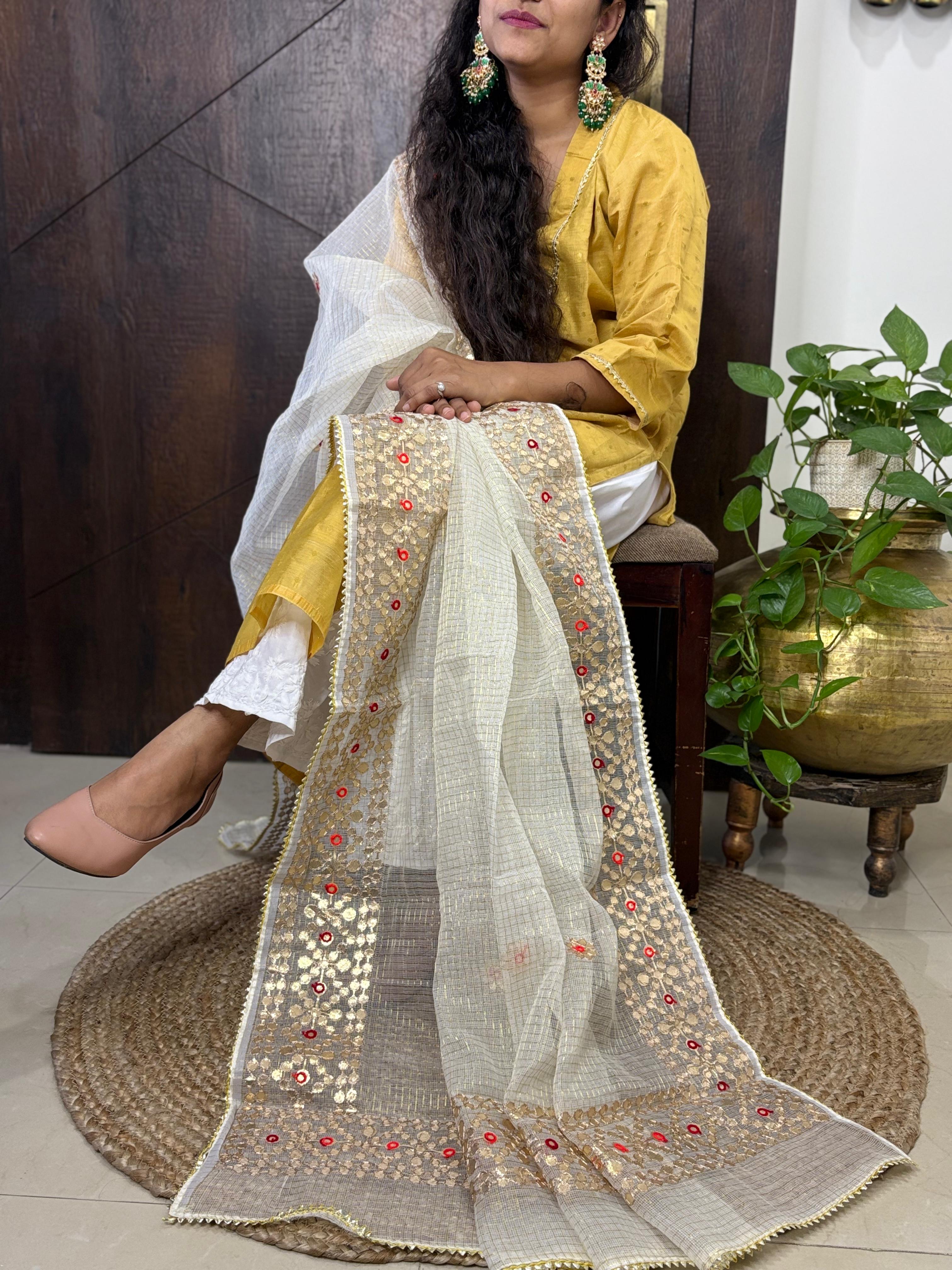 Off White Kota Doria Heavy Gota Patti Work Dupatta