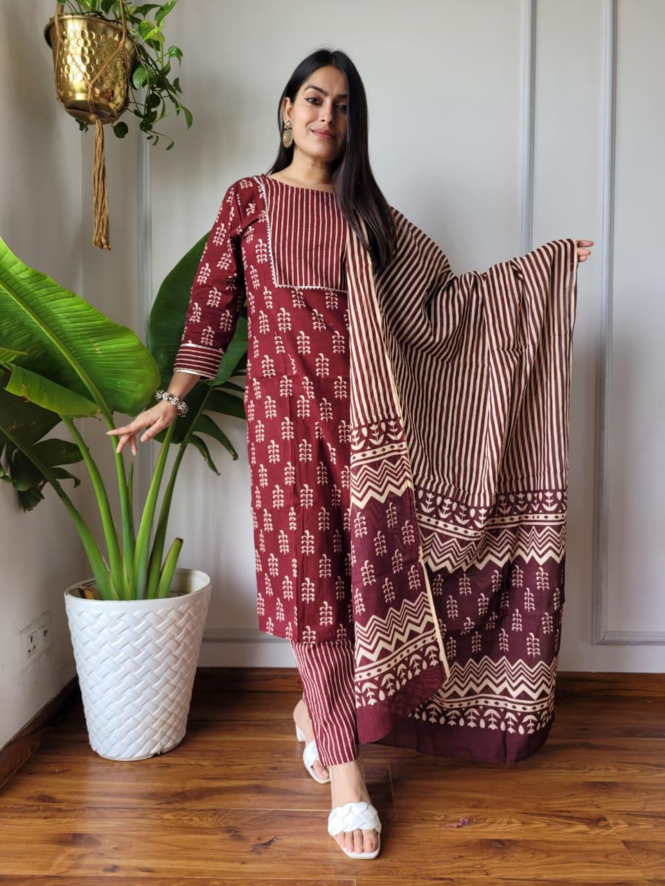 Maroon Stitched Cotton Suit Set