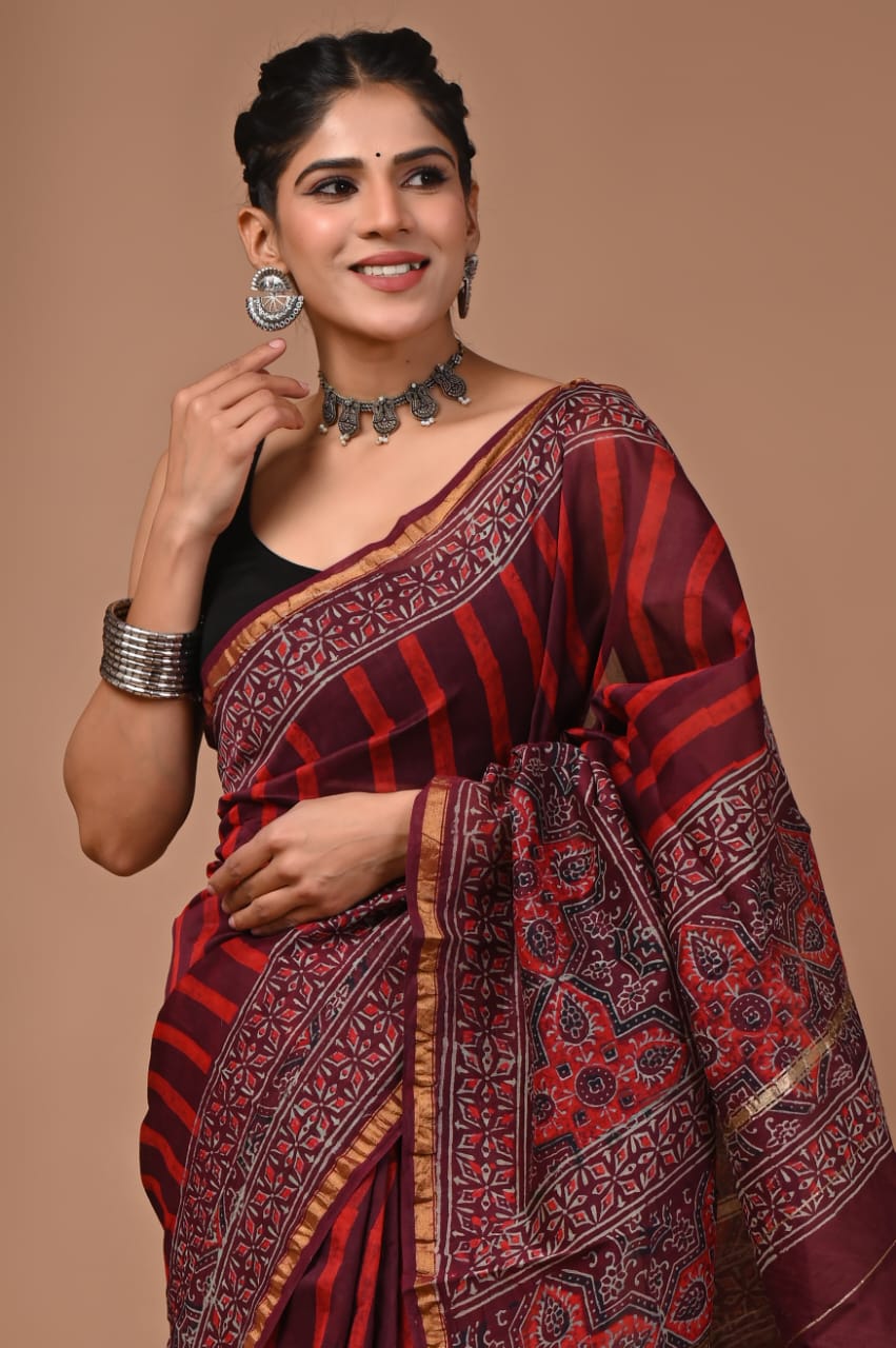 Maroon Chanderi Hand Block Printed  Saree