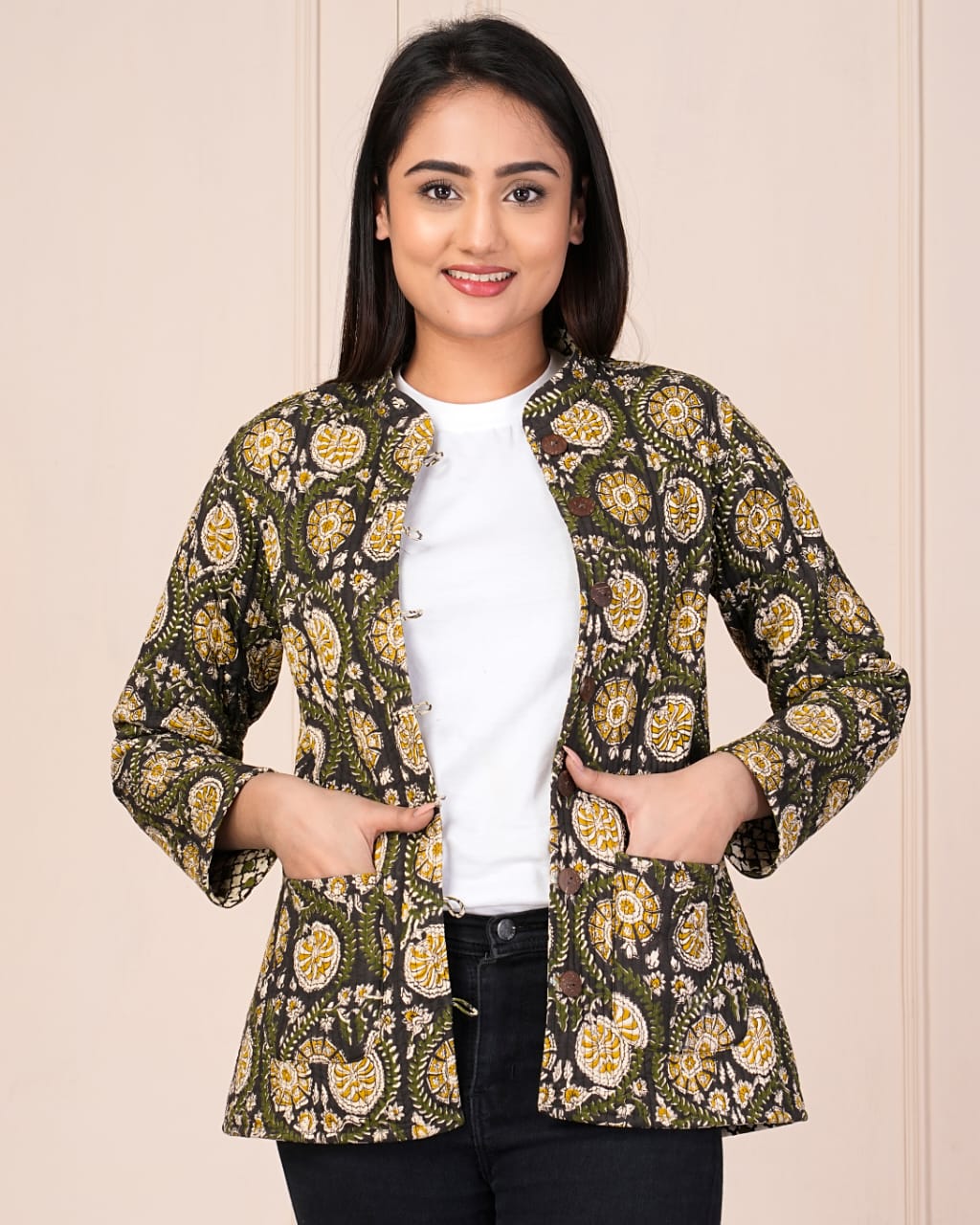 Beautiful Green Pure Cotton Quilted Reversible Print Jackets