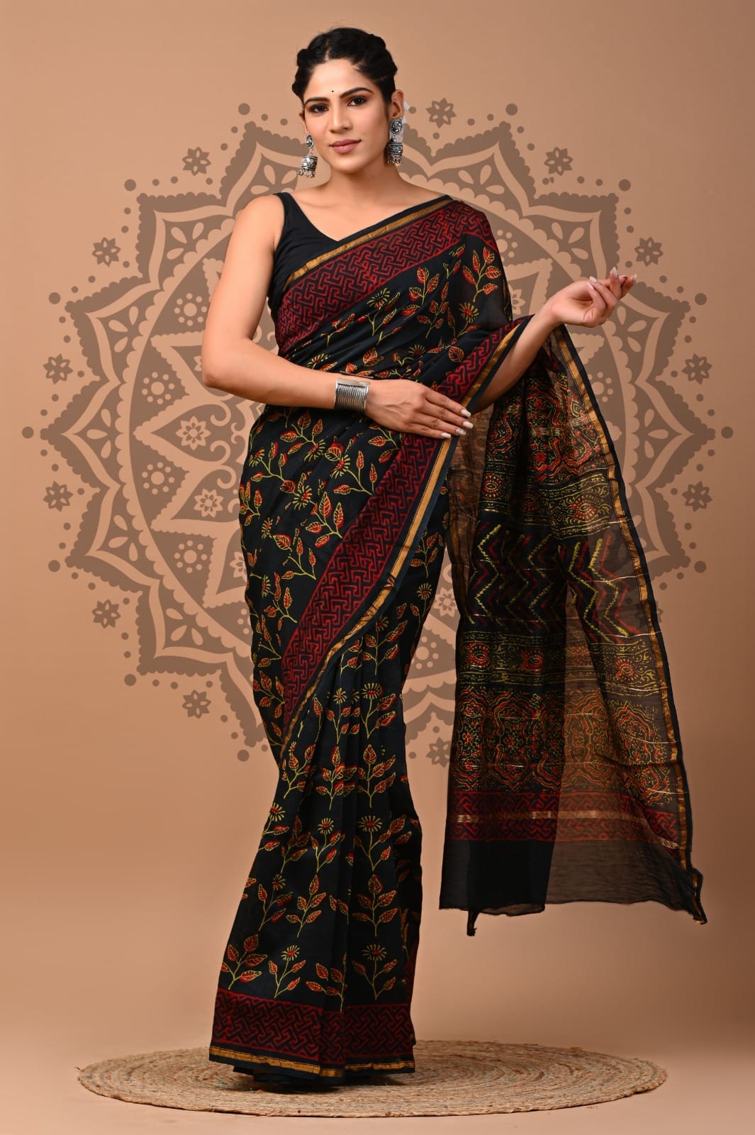 Black Chanderi Handblock Saree