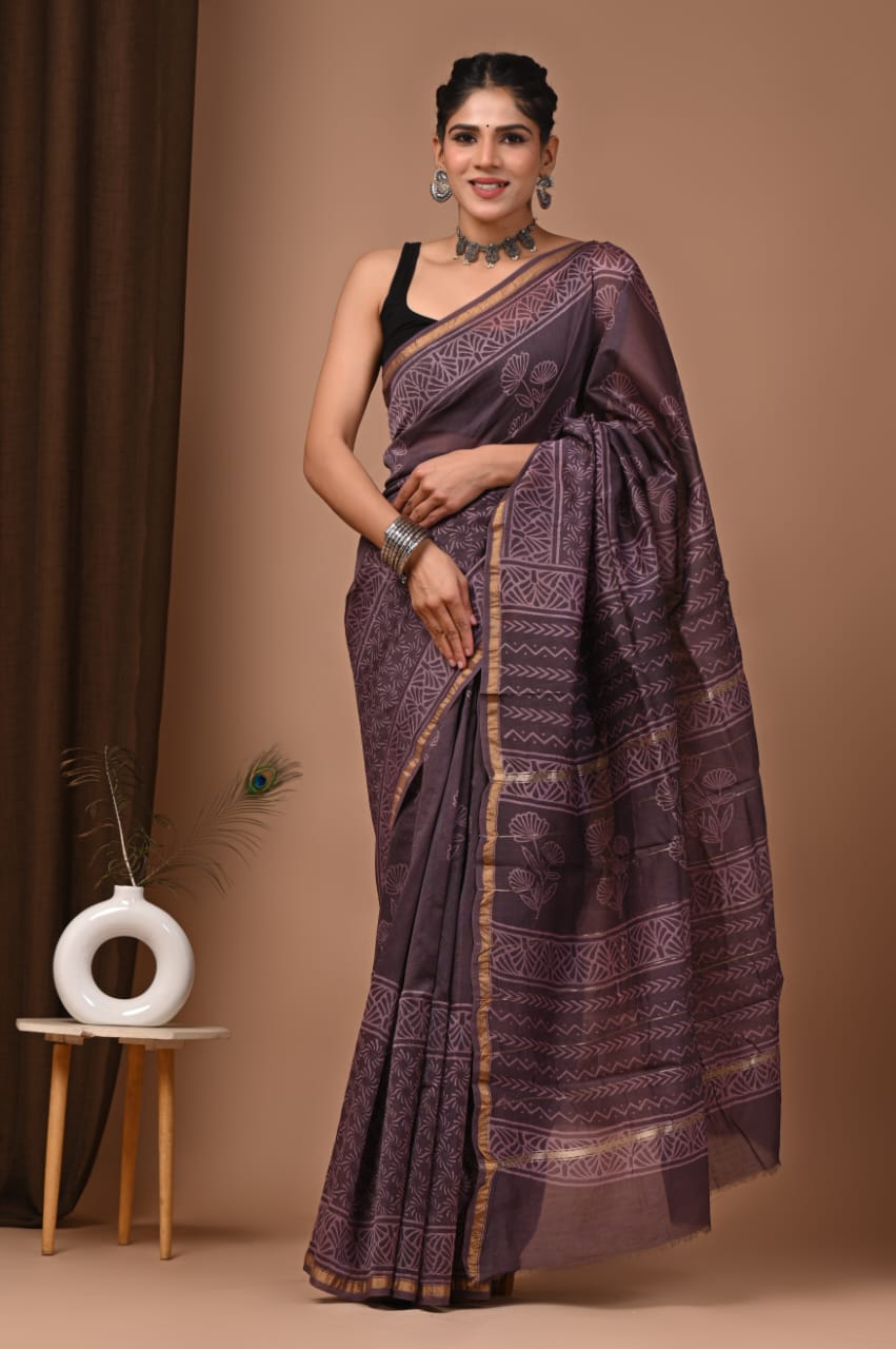 Dark Brown Colour Chanderi Hand Block Printed  Saree