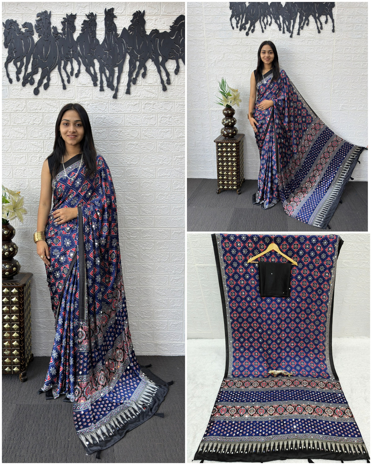 Blue Ajrakh Print Mirror Work Satin Silk Saree