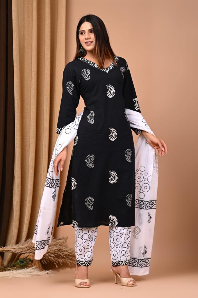 Black Block Print Suit Set With Dupatta