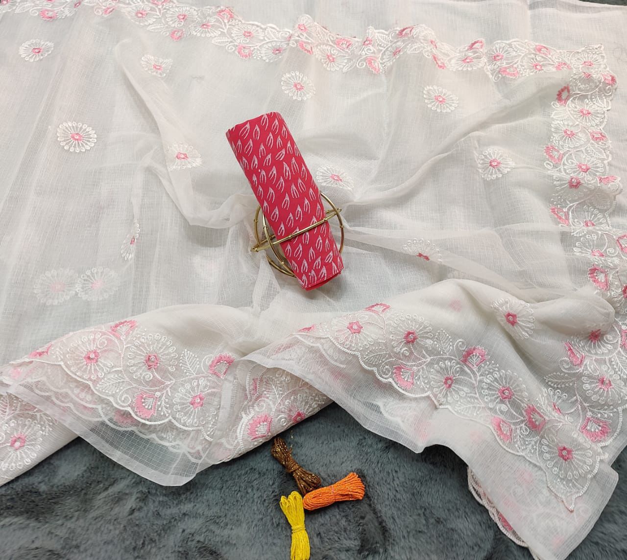 Rajeshwari-Off White Color Kota Doria Embroidery Work Sari