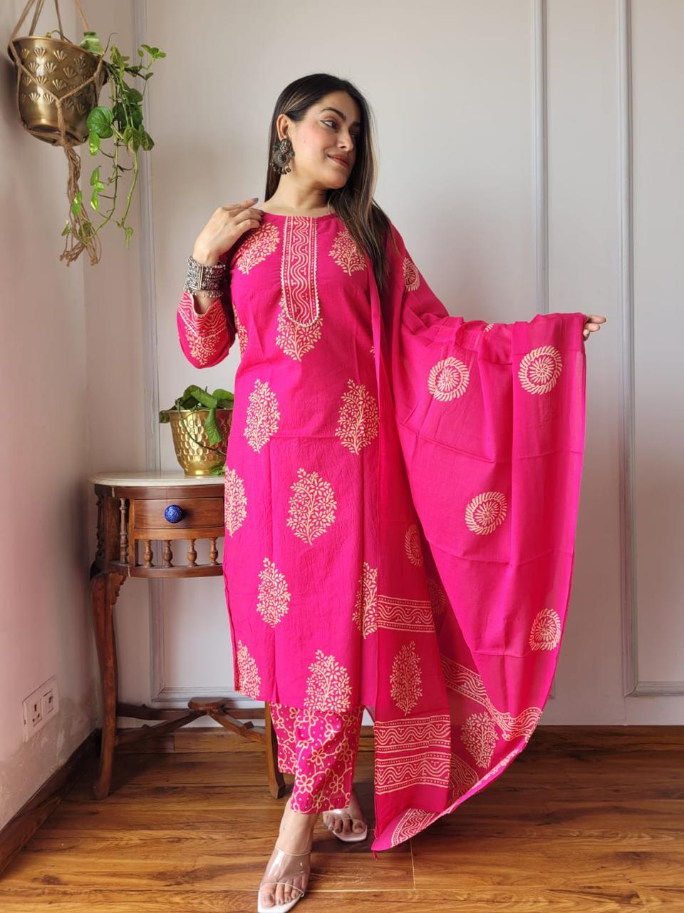 Hot Pink Stitched Cotton Suit Set
