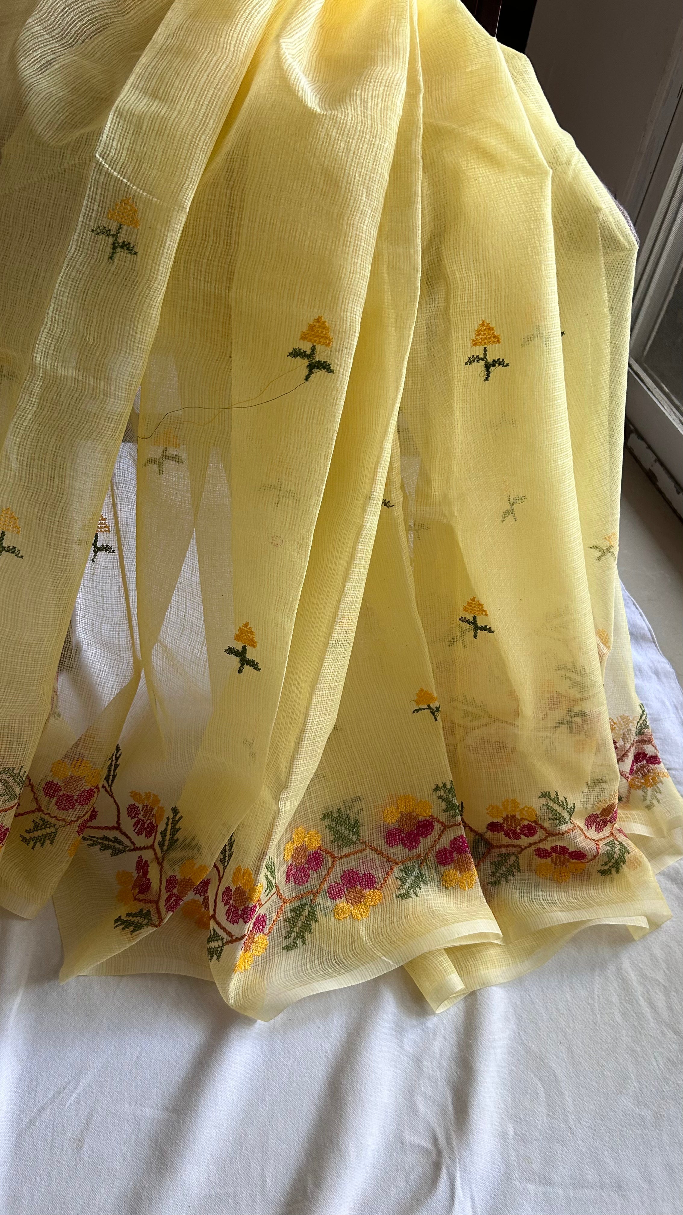 Cross Stitch Kota Doria Embroidery Work Saree In Yellow
