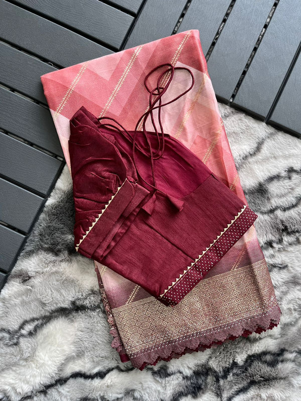 Peach Red Organza Soft Silk Saree With Stitched Blouse