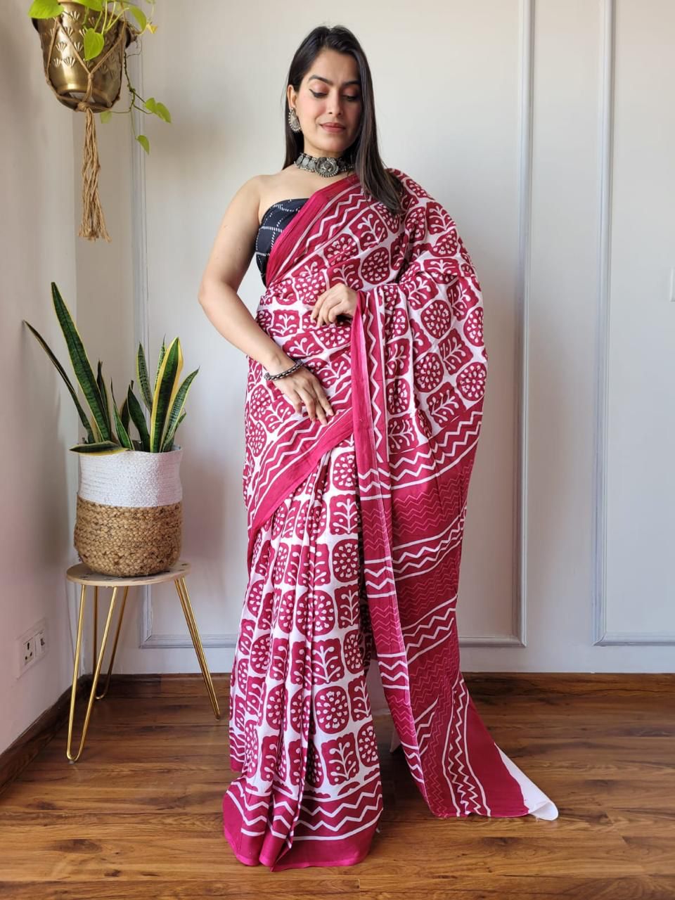 Dark Pink Trending Indigo Hand Block Print MulMul Cotton Saree