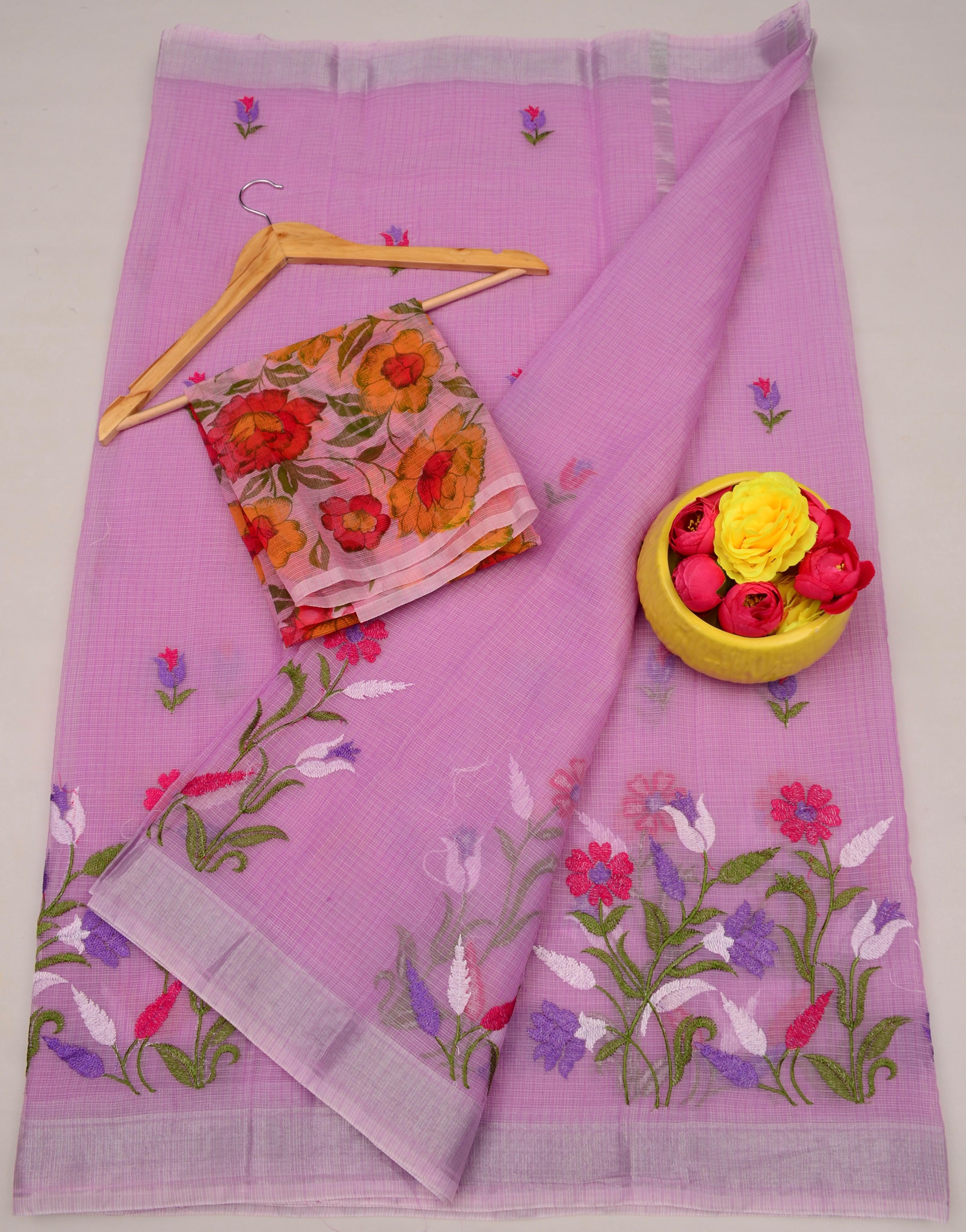 Pink Kota Doria Embroidery Work Saree