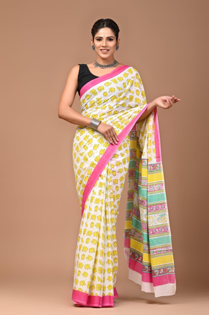 White Yellow Fun Hand Block Print MulMul Cotton Saree