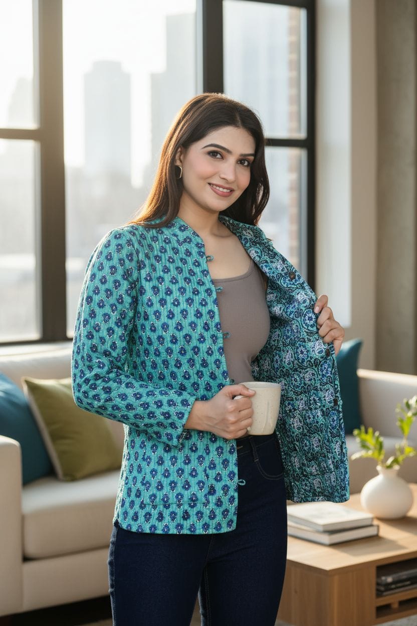 Beautiful Blue Pure Cotton Quilted Reversible Print Jackets