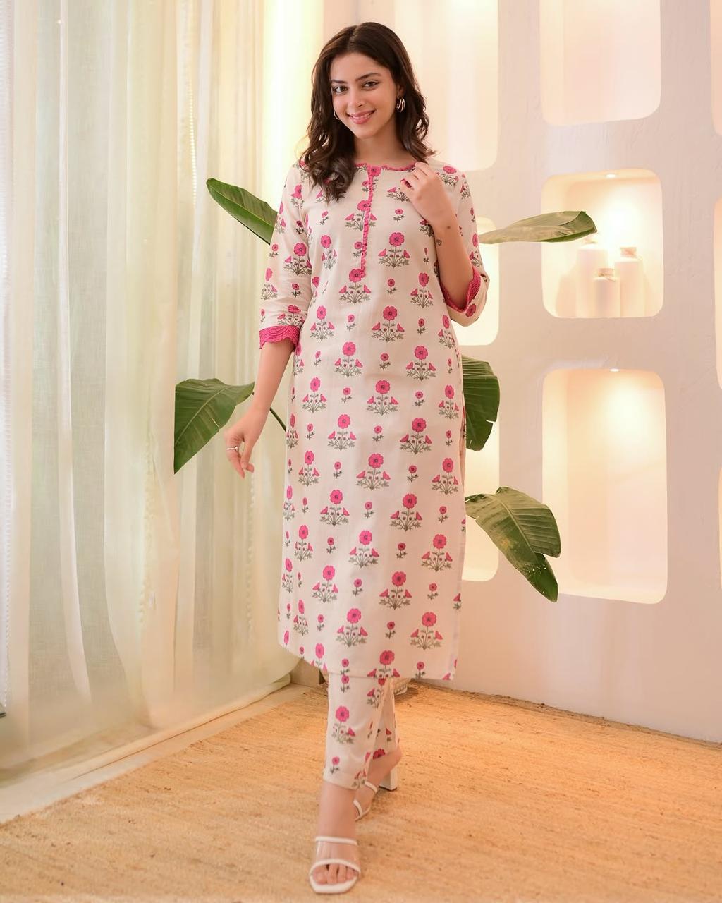 Pink Bagru Floral Block Printed Suit