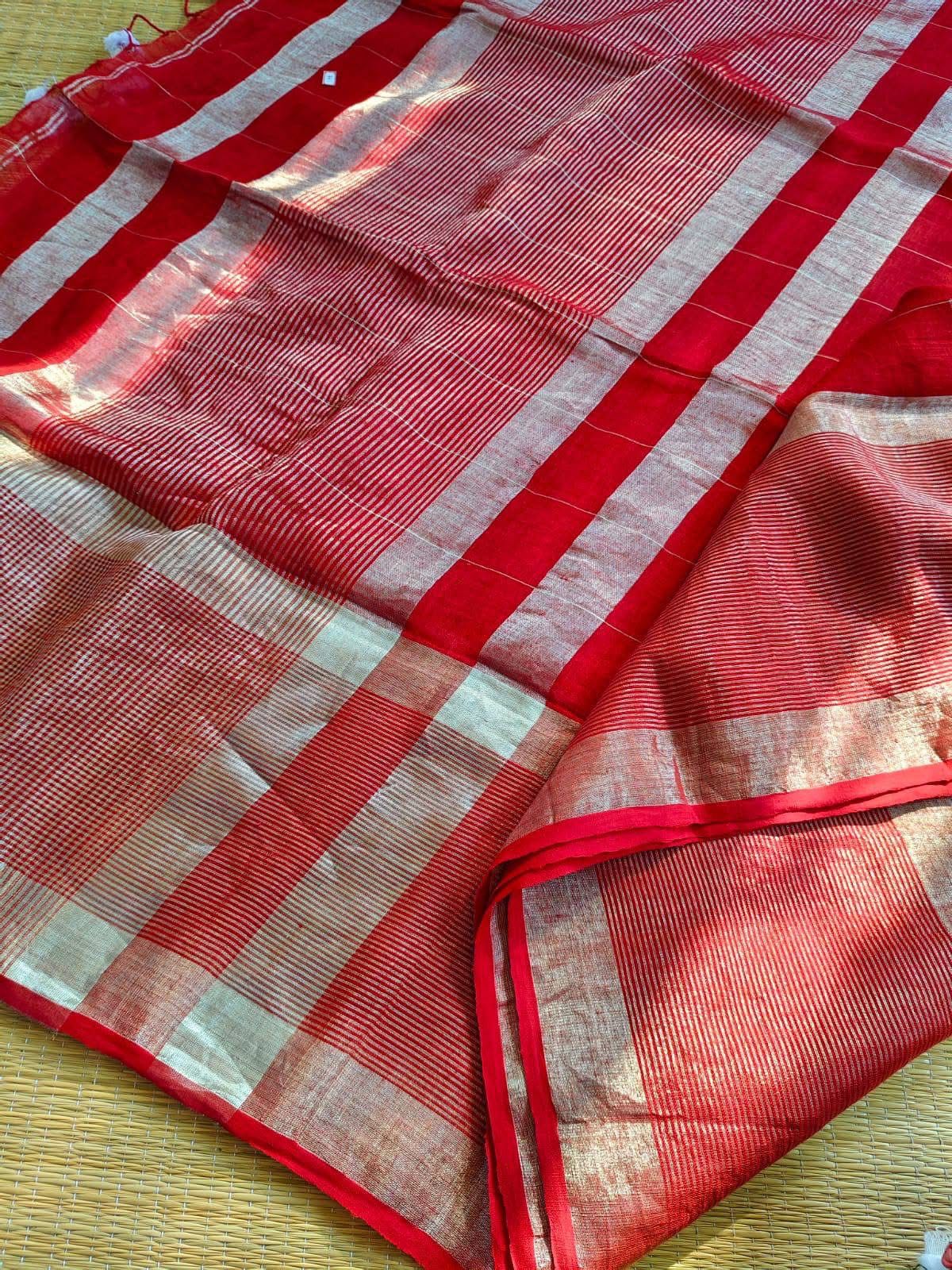 Harika Red Pure Linen Saree