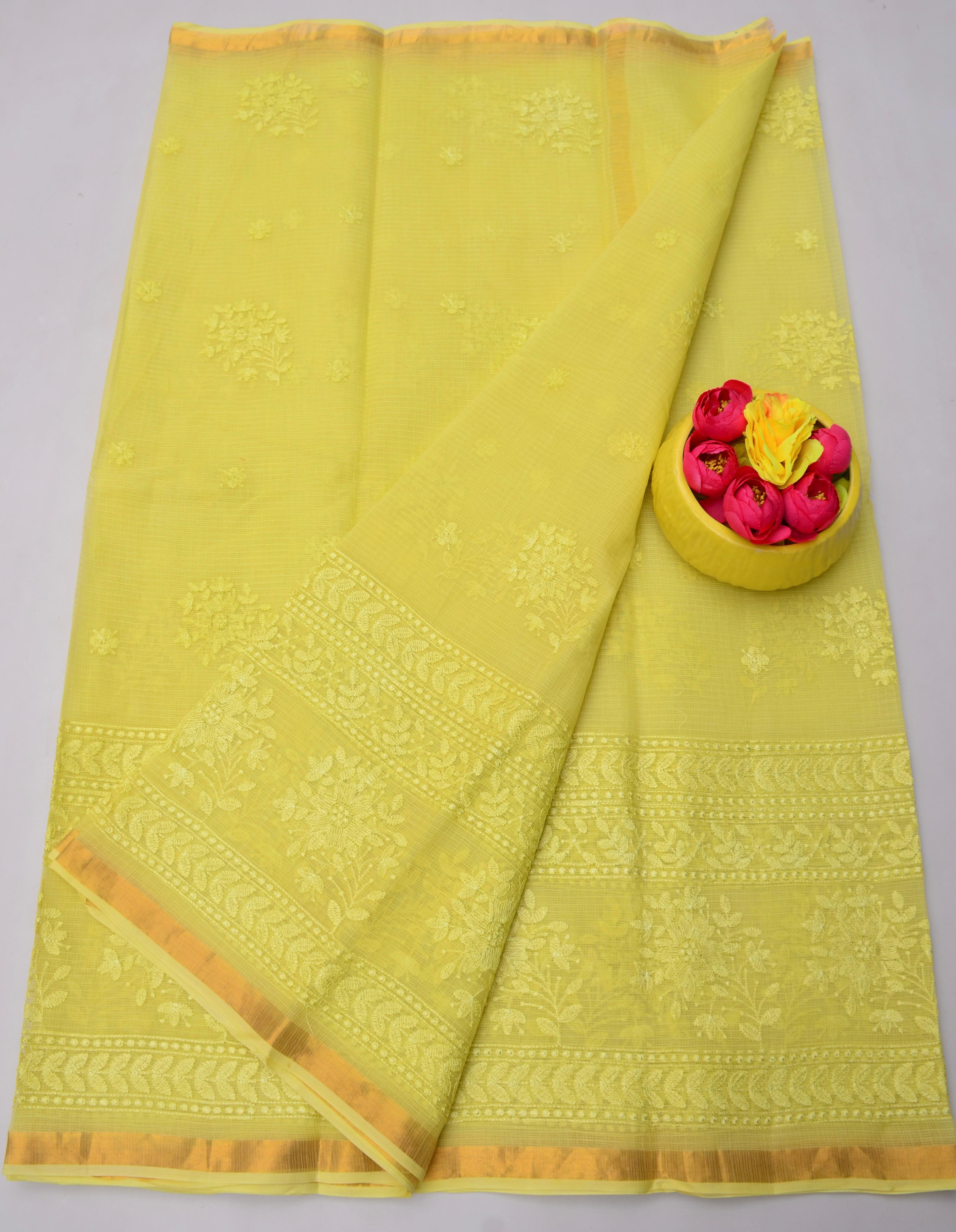 Yellow Kota Doria All Over Embroidery Work Saree