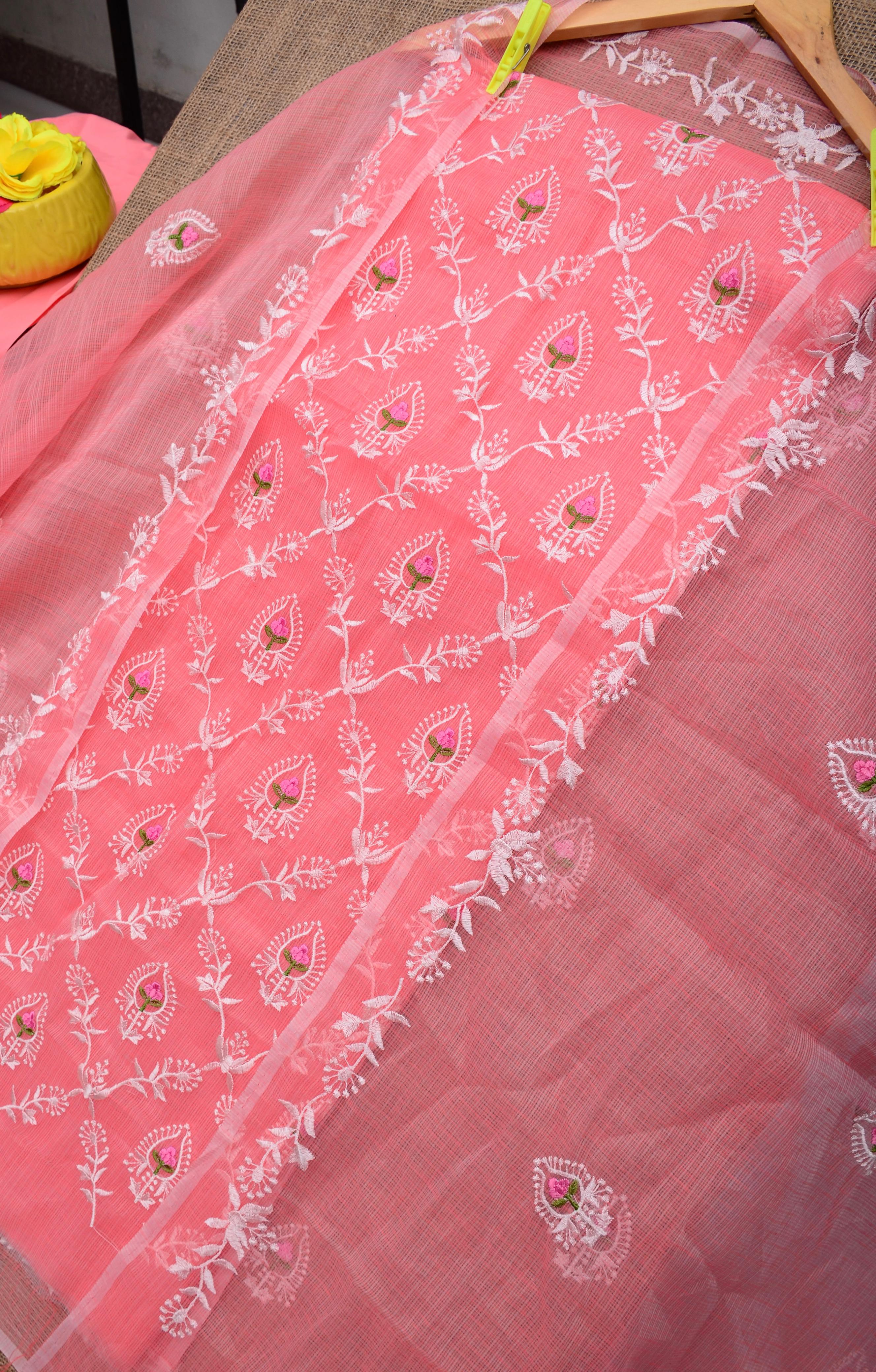Pink  Embroided Kota Doria Suit Fabric With Dupatta