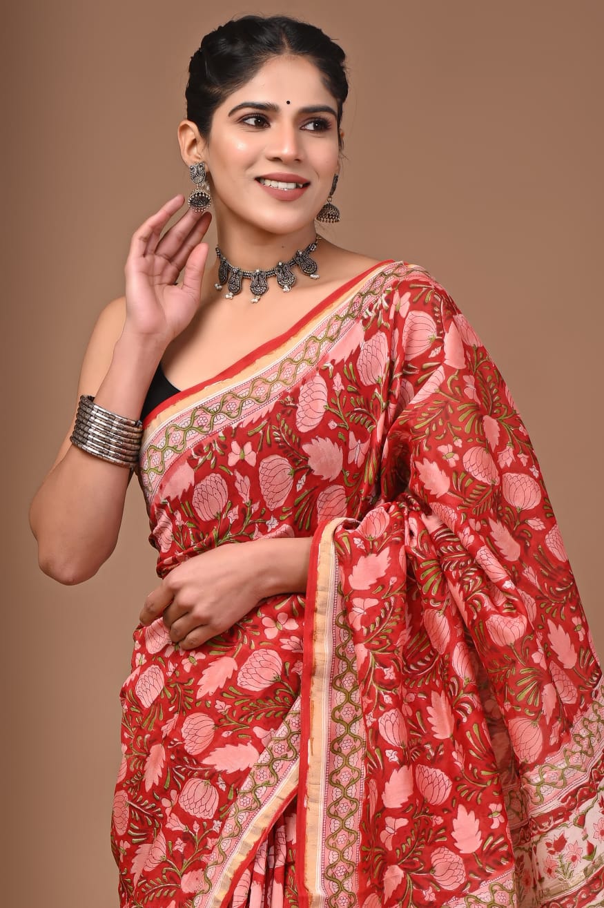 Red Chanderi Hand Block Printed  Saree