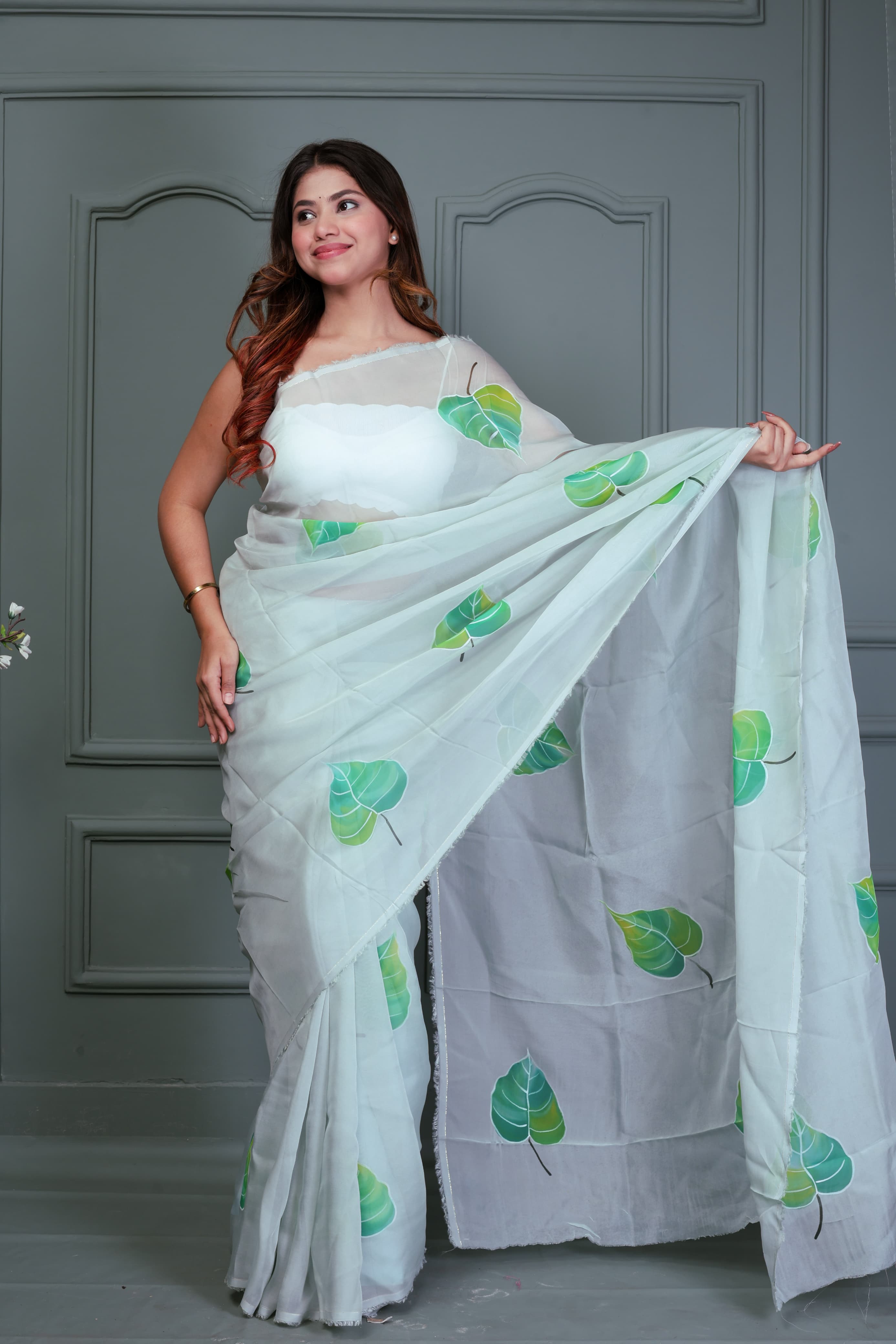 Green Organza Hand Painted Saree