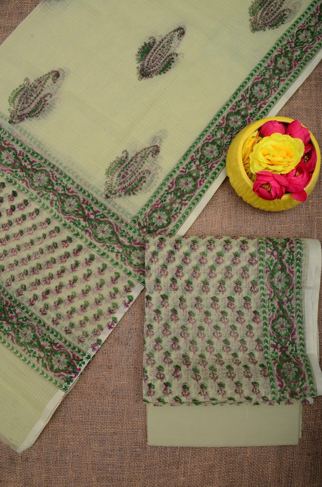 Summer Look Kota Doria Hand Block Print Suit In Olive Green (unstitched)